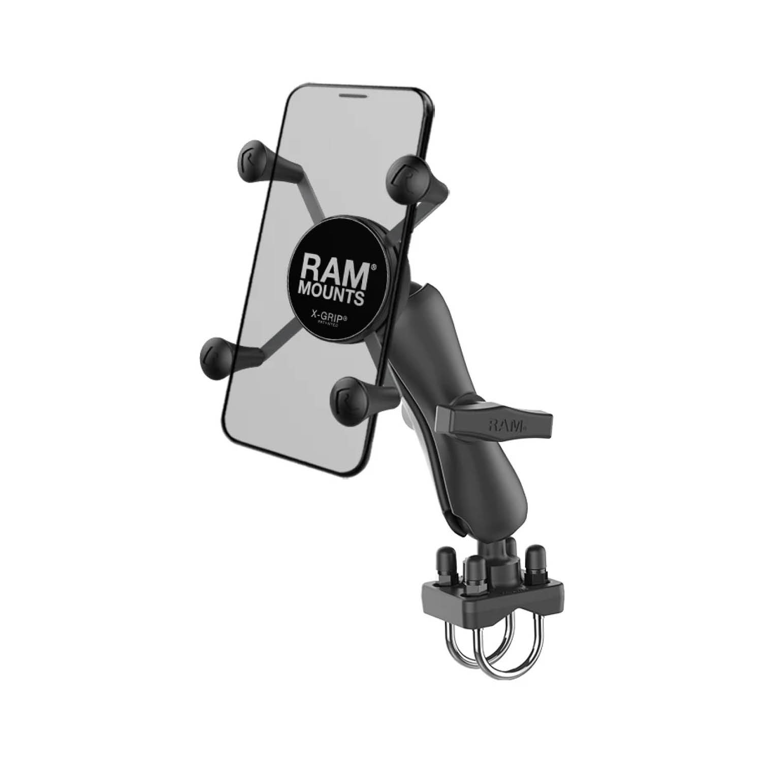 RAM Mounts X-Grip Aufbau-Halterung für Smartphones - Bis 82,55 mm Breite - Mittlerer Verbindungsarm - Doppel U-Bügel Basis (Durchmesser 25,4 mm bis 31,75 mm) - C-Kugel (1,5 Zoll) - Schrauben-Set