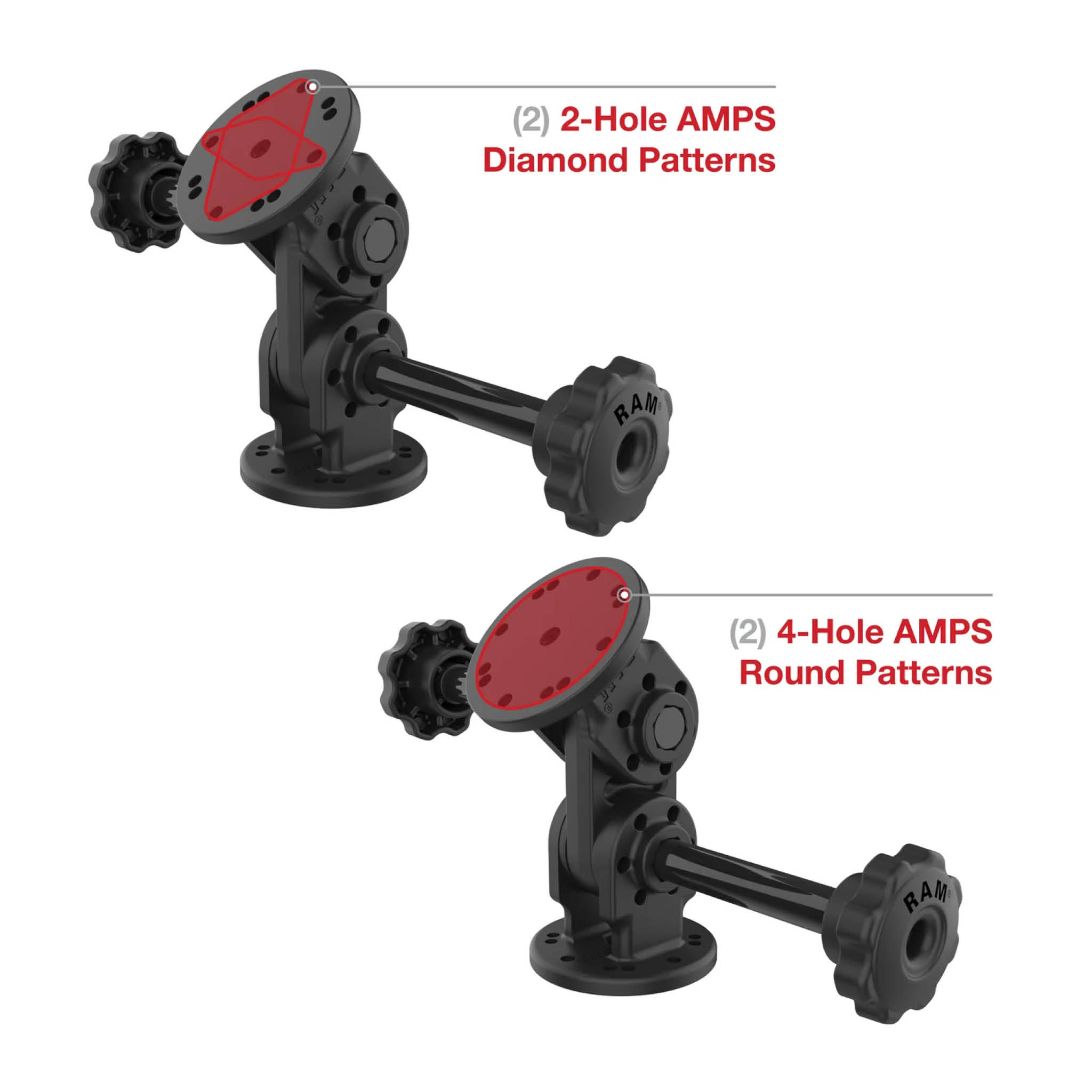 RAM Mounts Doppel-Drehgelenk-Halterung (gerade) mit Arretier-Adaptern - Verbundstoff, 2-/4-Loch AMPS