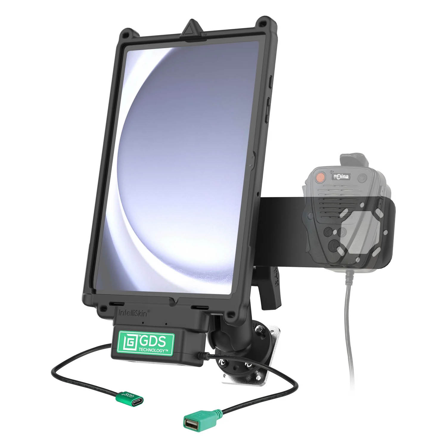 RAM Mounts GDS Uni-Conn Fahrzeug-Ladestation für Samsung Tab A9+ mit Aina PTT Vorrichtung - C-Kugel (1,5 Zoll), 4-Loch AMPS