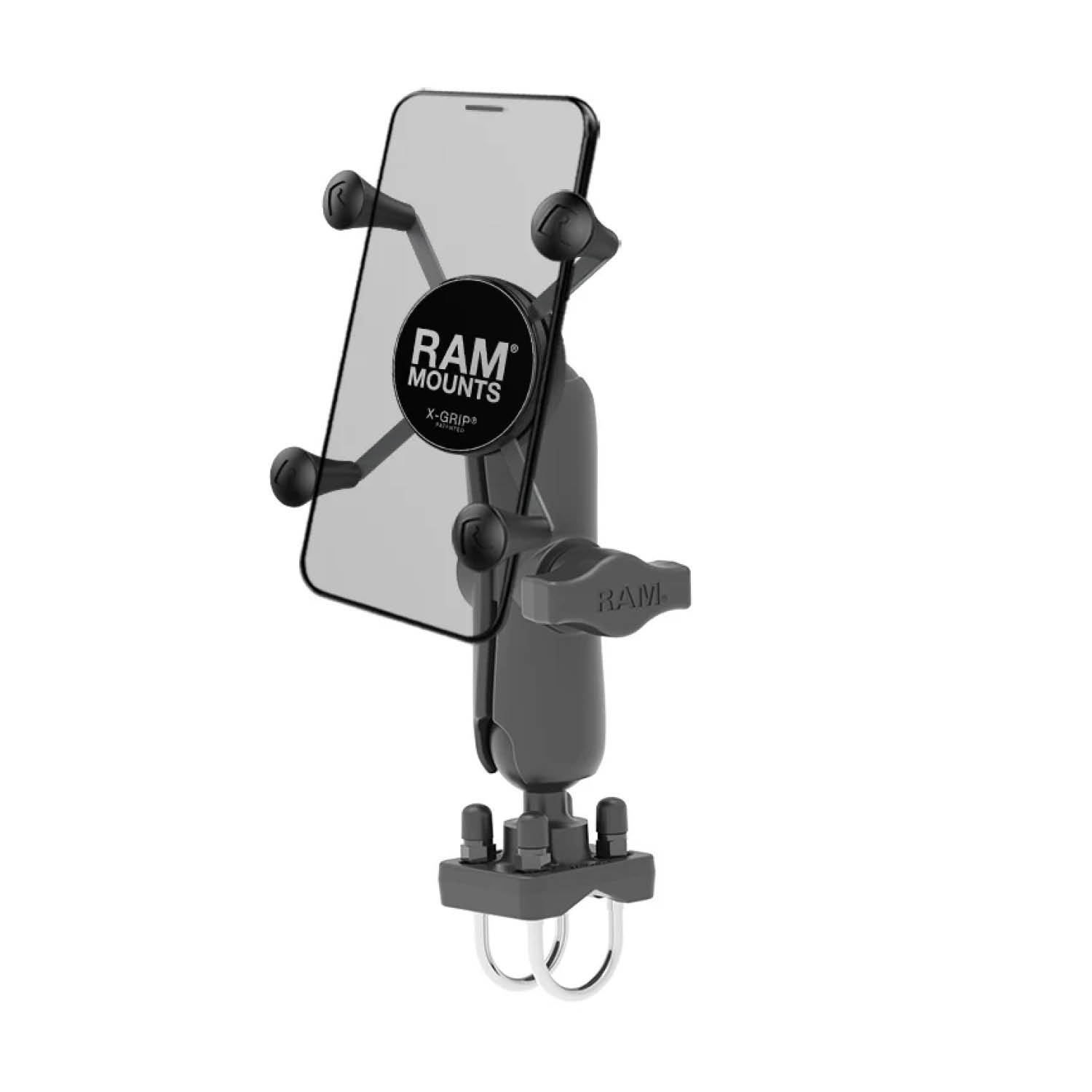 RAM Mounts X-Grip Aufbau-Halterung für Smartphones - Bis 82,55 mm Breite - Mittlerer Verbindungsarm - Doppel U-Bügel Basis (Durchmesser 25,4 mm bis 31,75 mm) - B-Kugel (1 Zoll) - Schrauben-Set