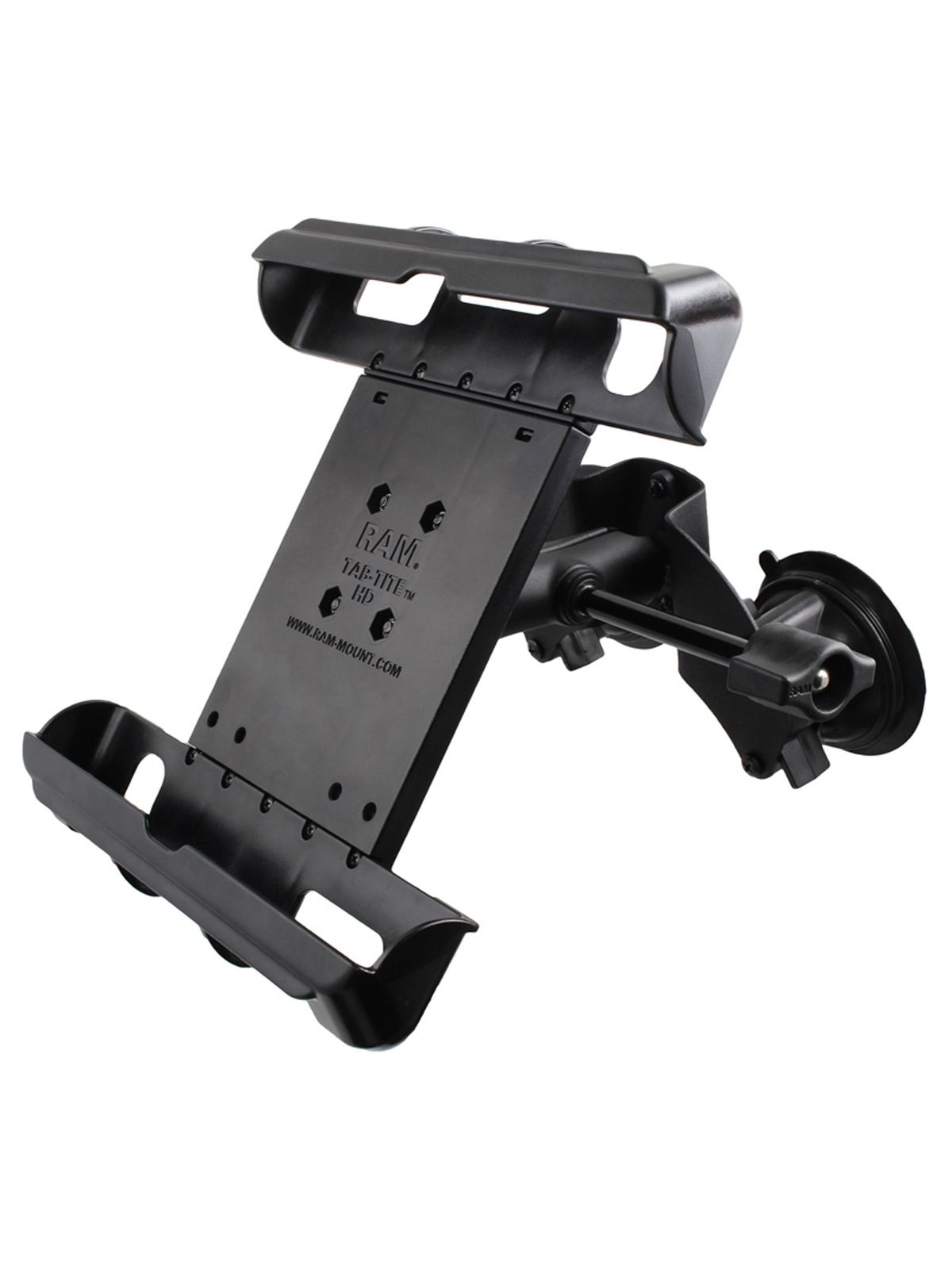 RAM Mounts Doppel-Saugfuss-Halterung für Apple iPad 1-4 - B-Kugel (1 Zoll), Tab-Tite Halteschale, mittlerer Verbindungsarm (langer Feststellhebel)