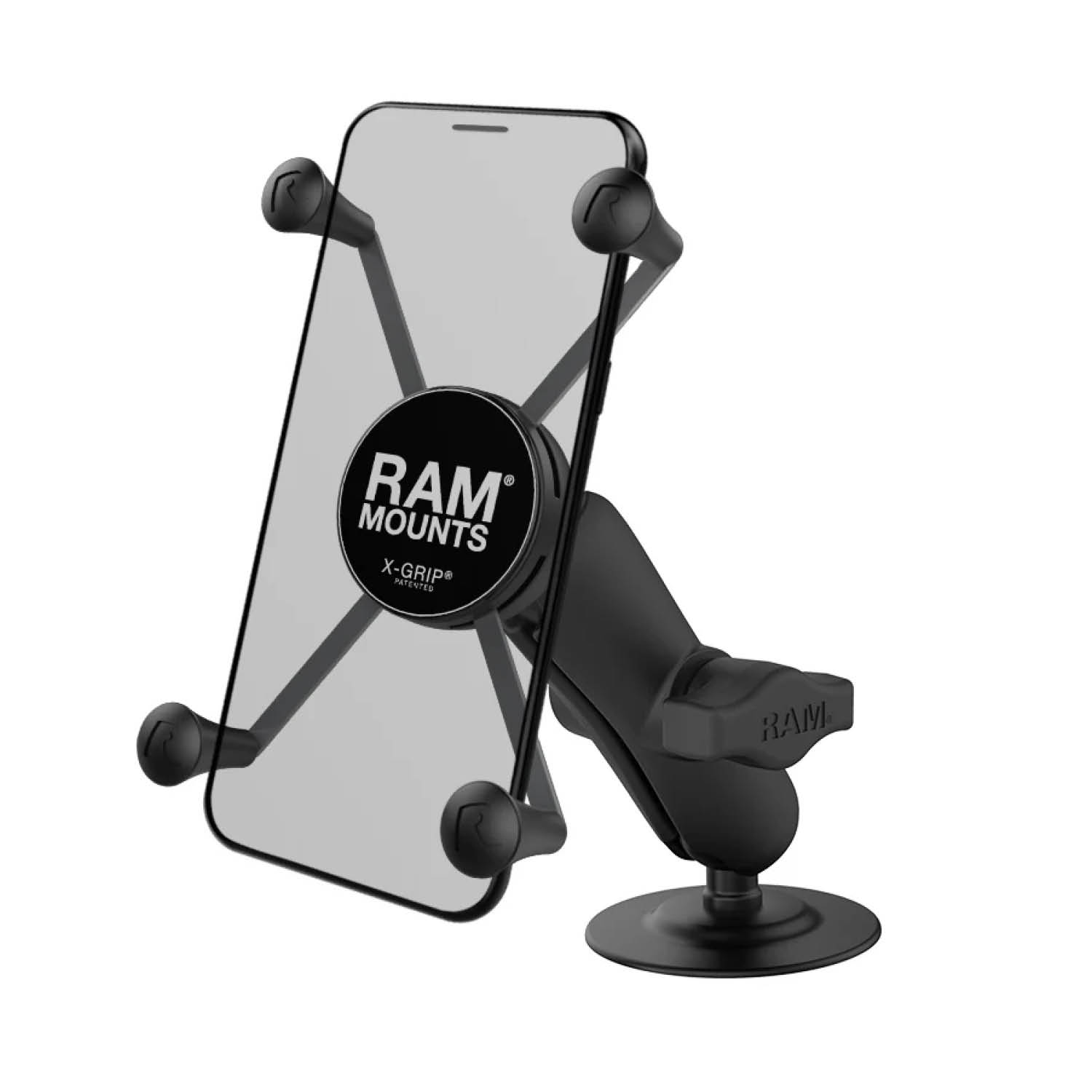 RAM Mounts X-Grip Aufbau-Klebehalterung für Smartphones (Verbundstoff) - Bis 114,3 mm Breite - Mittlerer Verbindungsarm - Runde Klebebasis - B-Kugel (1 Zoll)