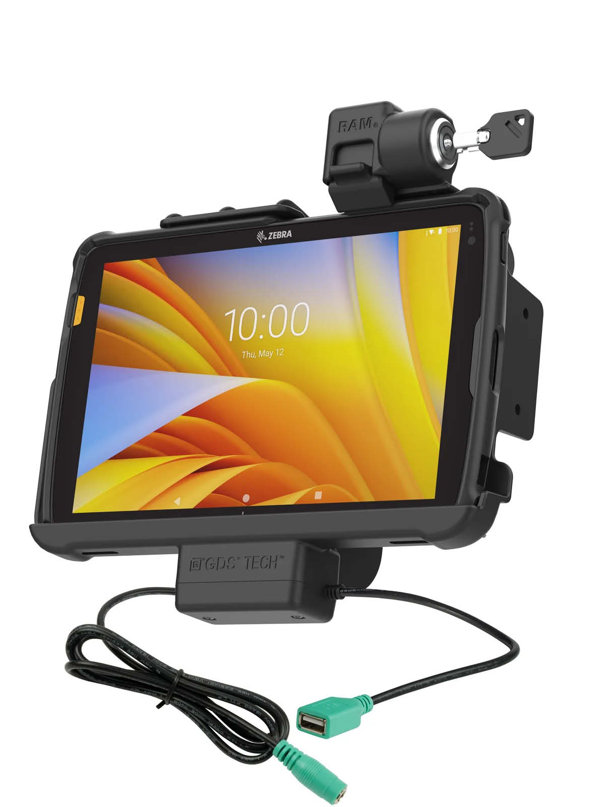 RAM Mounts Form-Fit Halteschale (mit Schlüsselverriegelung) für Zebra ET40 & ET45 10 Zoll Tablets (mit Rugged Boot) - 5.5mm DC Stromversorgung & USB-A Datenanbindung - AMPS 4-Loch Aufnahme - VESA 75x75 - Schrauben-Set