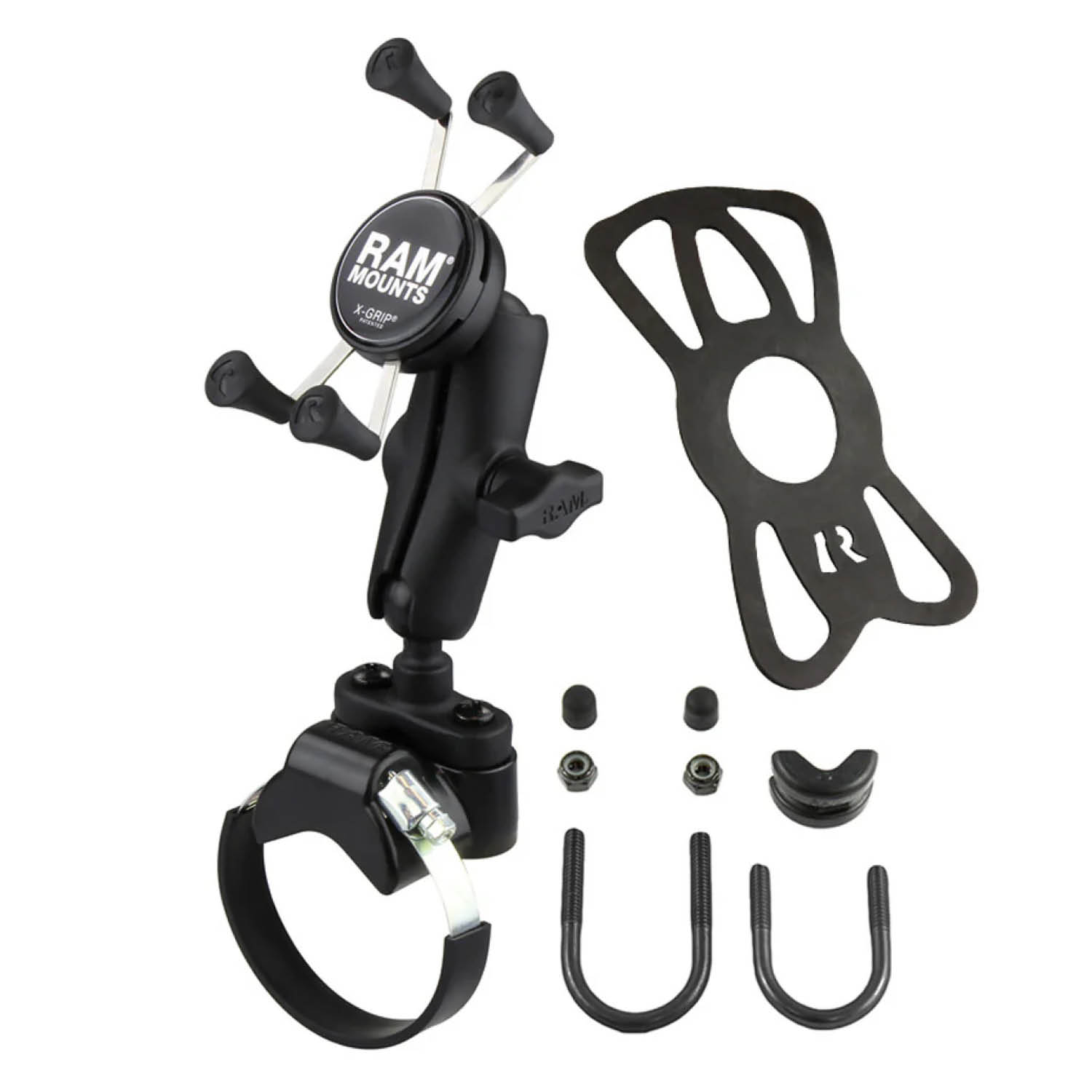 RAM Mounts X-Grip Rohr-Halterung für Smartphones - Bis 82,55 mm Breite - Mittlerer Verbindungsarm - U-Bügel-/Klemmschellen Basis - B-Kugel (1 Zoll) - Schrauben-Set