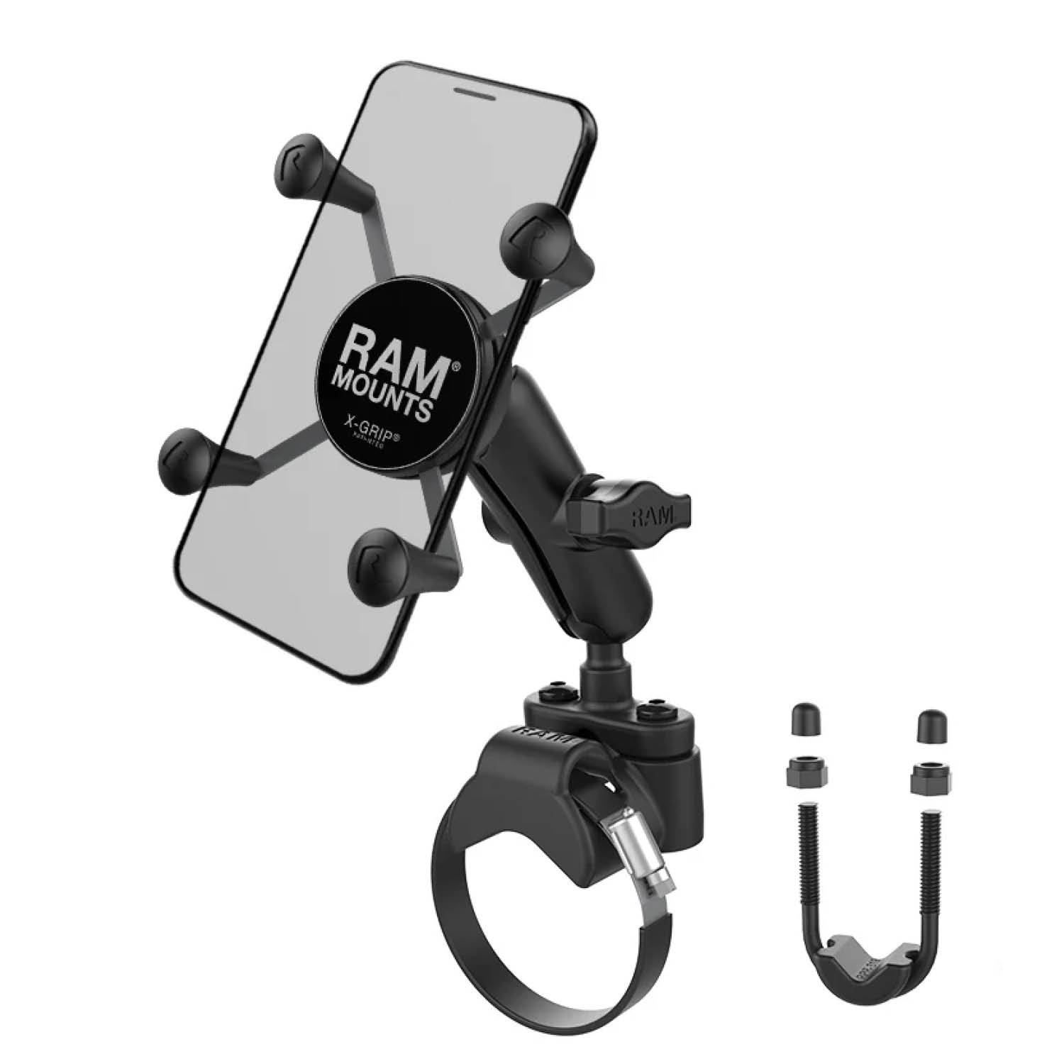 RAM Mounts X-Grip Rohr-Halterung für Smartphones - Bis 82,55 mm Breite - Mittlerer Verbindungsarm - U-Bügel-/Klemmschellen Basis - B-Kugel (1 Zoll) - Schrauben-Set