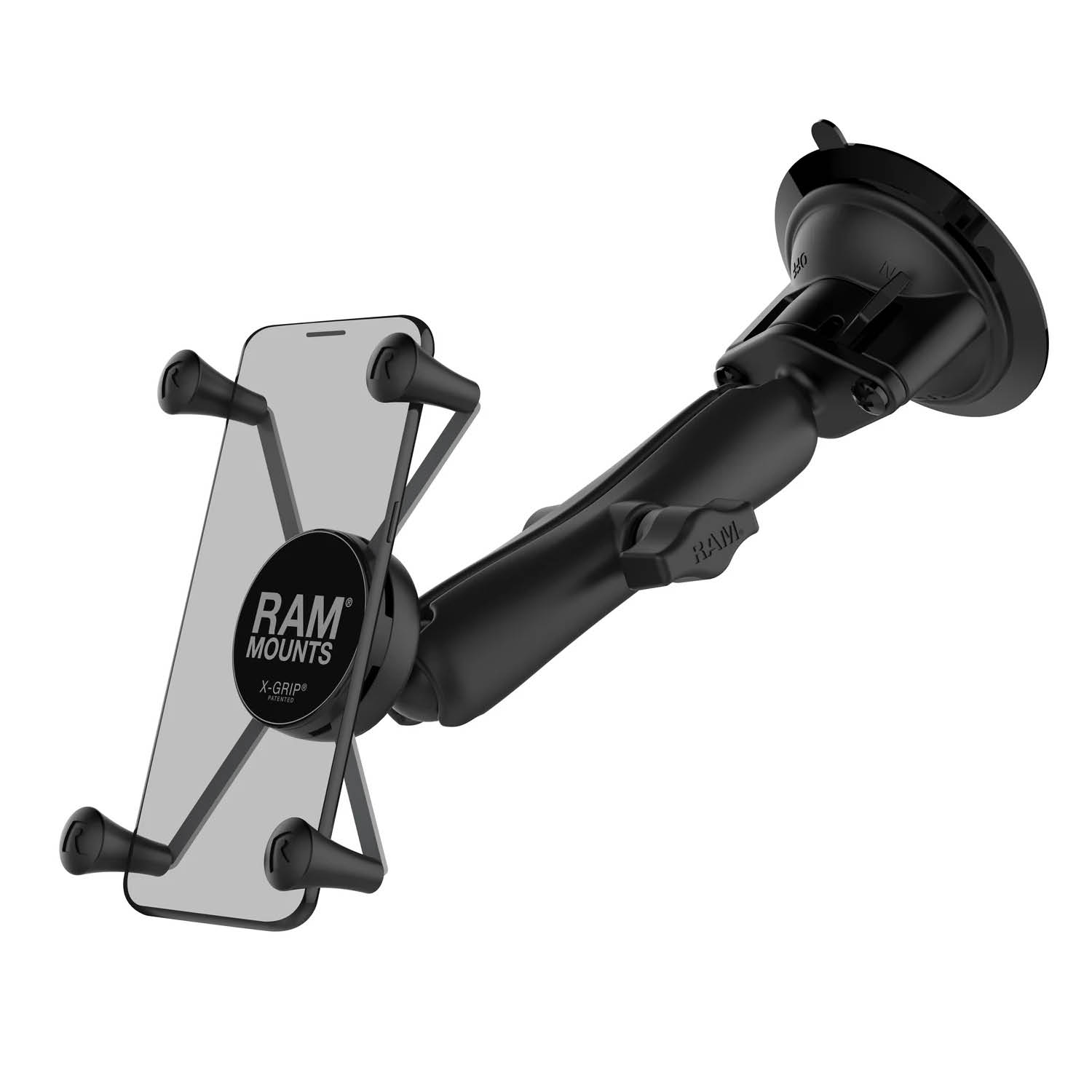 RAM Mounts X-Grip Saugfuß-Halterung für Smartphones - Bis 114,3 mm Breite - Langer Verbindungsarm - Saugfuß mit Trapez-Basiskugel - B-Kugel (1 Zoll) - Schrauben-Set
