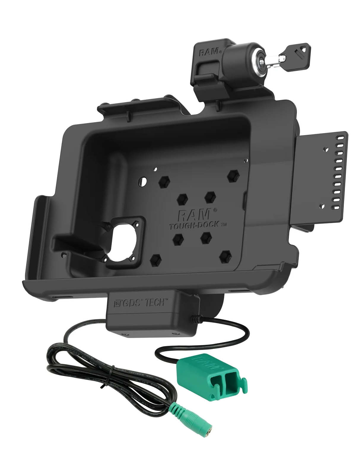 RAM Mounts Form-Fit Halteschale (mit Schlüsselverriegelung) für Zebra ET40 & ET45 10 Zoll Tablets (mit Rugged Boot) - 5.5mm DC Stromversorgung & Dual USB-A Datenanbindung - AMPS 4-Loch Aufnahme - VESA 75x75 - Schrauben-Set