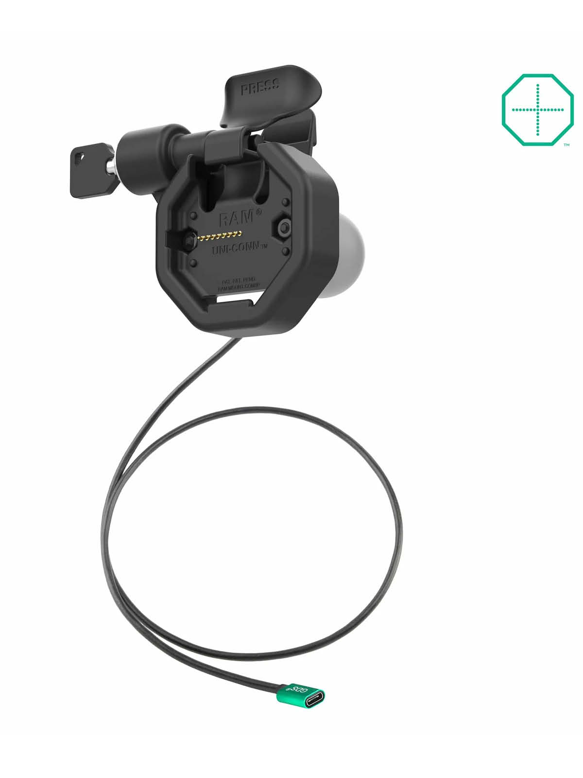 RAM Mounts GDS Uni-Conn Snap-In Ladesockel mit USB-C Eingang - abschließbar (Schloss links), 2-Loch AMPS-Aufnahme