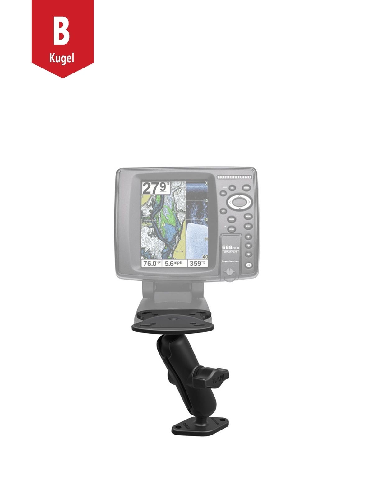 RAM Mounts Marine-Aufbauhalterung Humminbird/Apelco - B-Kugel (1 Zoll), Diamond Basisplatte (Trapez), mittlerer Verbindungsarm, Adapterplatte