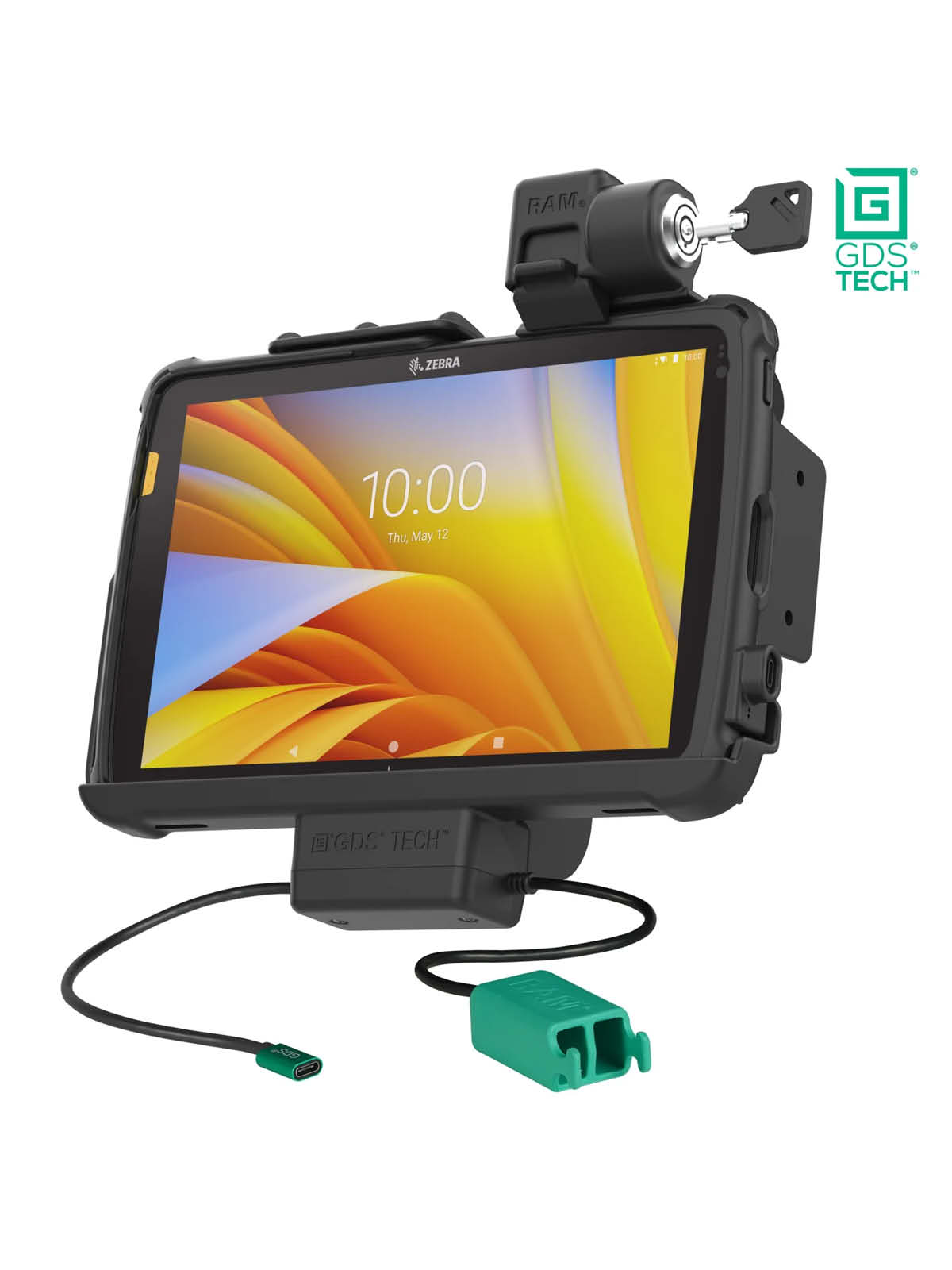 RAM Mounts GDS Form-Fit Halteschale (mit Schlüsselverriegelung) für Zebra ET40 & ET45 10 Zoll Tablets (in IntelliSkin Schutzhülle) - USB-C Stromversorgung & Dual USB-A - AMPS 4-Loch Aufnahme - VESA 75x75 - Schrauben-Set