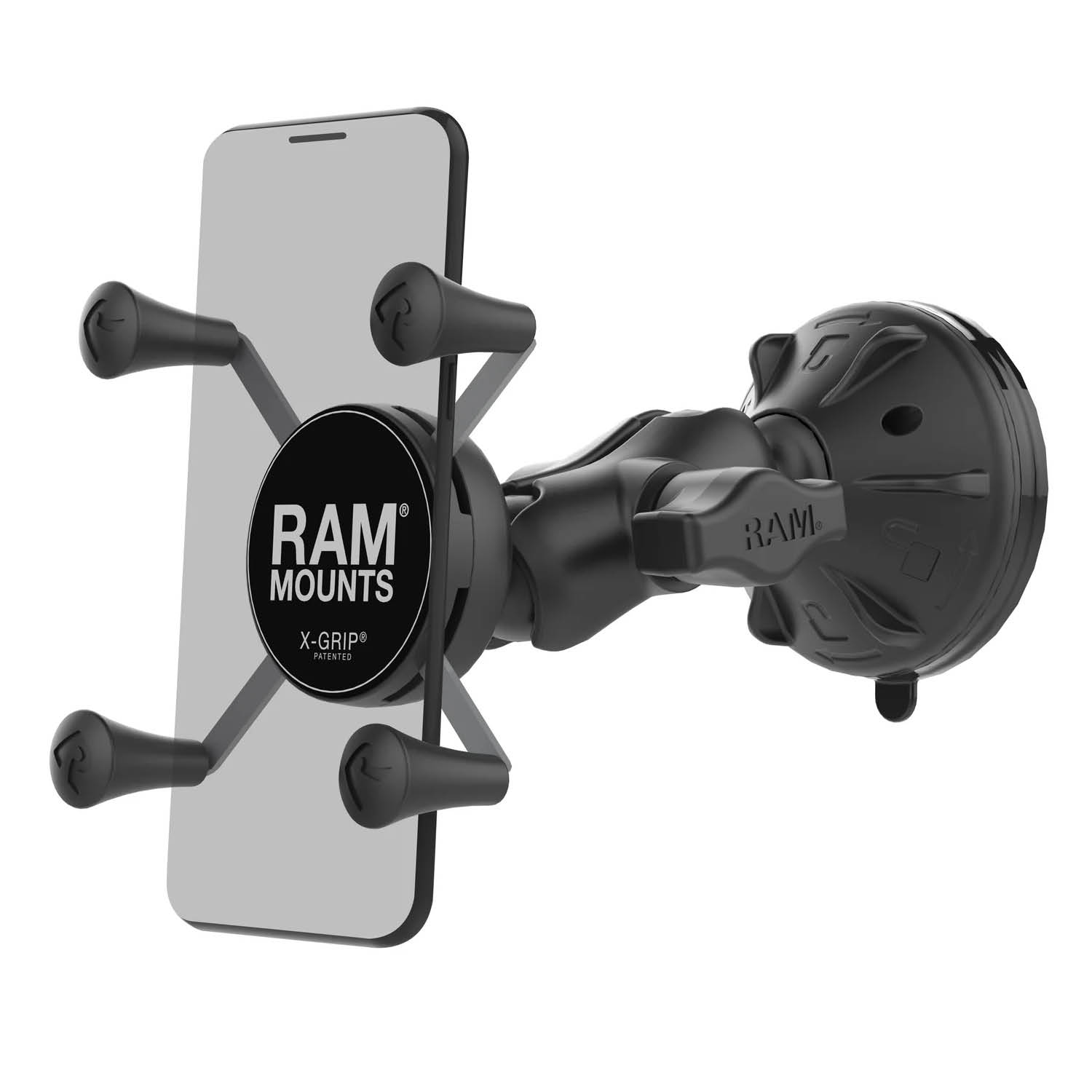 RAM Mounts X-Grip Saugfuß-Halterung für Smartphones (Verbundstoff) - Bis 82,55 mm Breite - Kurzer Verbindungsarm - Twist-Lock Saugfuß - B-Kugel (1 Zoll)