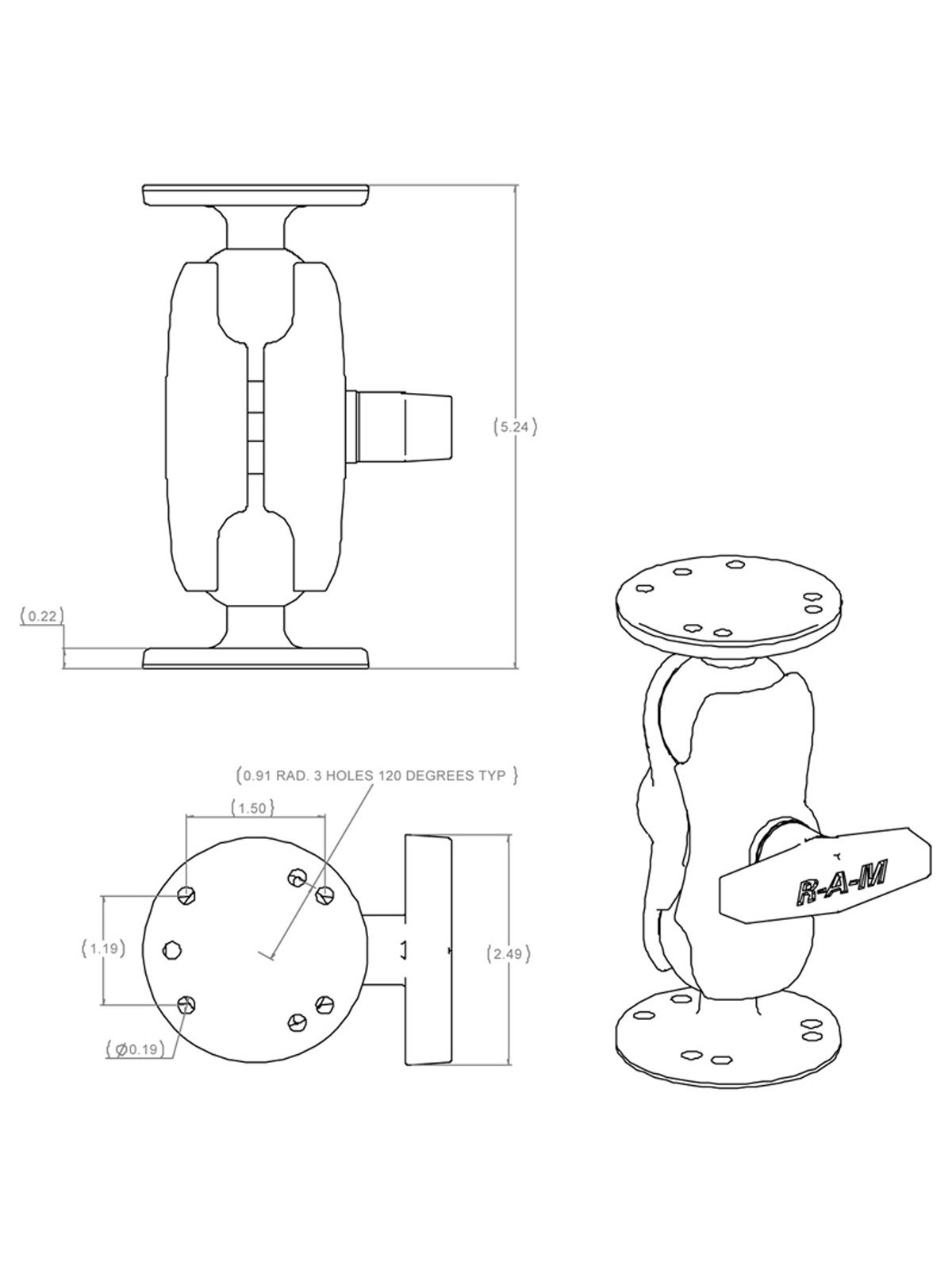 RAM Mounts Aufbau-Set - 2x runde Basisplatte (AMPS), kurzer Verbindungsarm, C-Kugel (1,5 Zoll), im Polybeutel