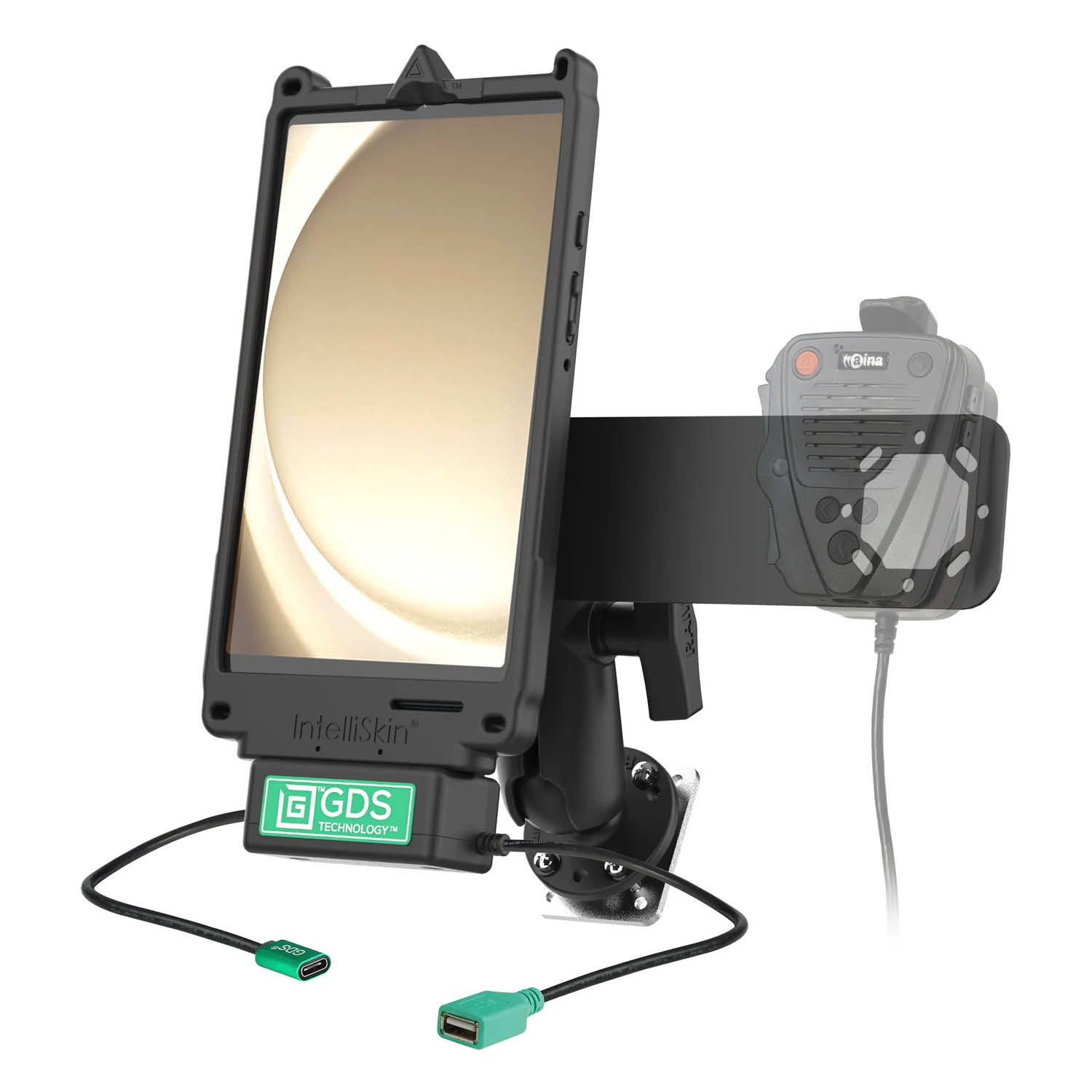 RAM Mounts GDS Uni-Conn Fahrzeug-Ladestation für Samsung Tab A9 mit Aina PTT Vorrichtung - C-Kugel (1,5 Zoll), 4-Loch AMPS