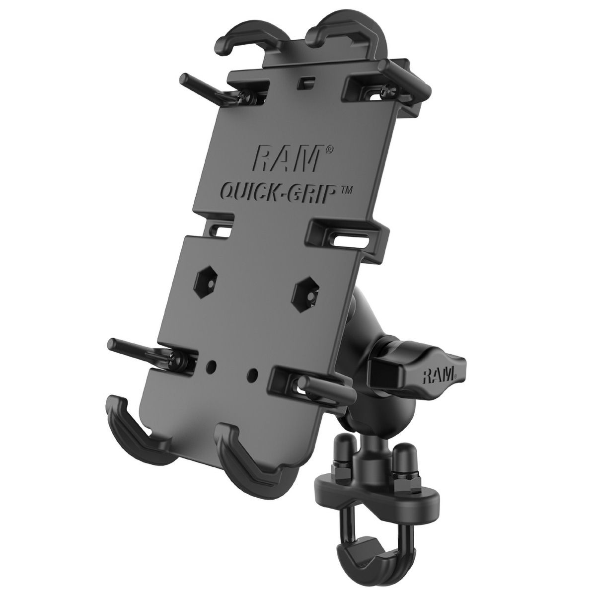 RAM Mounts Universal Lenker-/Rohr-Halterung - B-Kugel (1 Zoll), Rohr-Klemme, kurzer Verbindungsarm, Universal Quick-Grip XL Halteschale