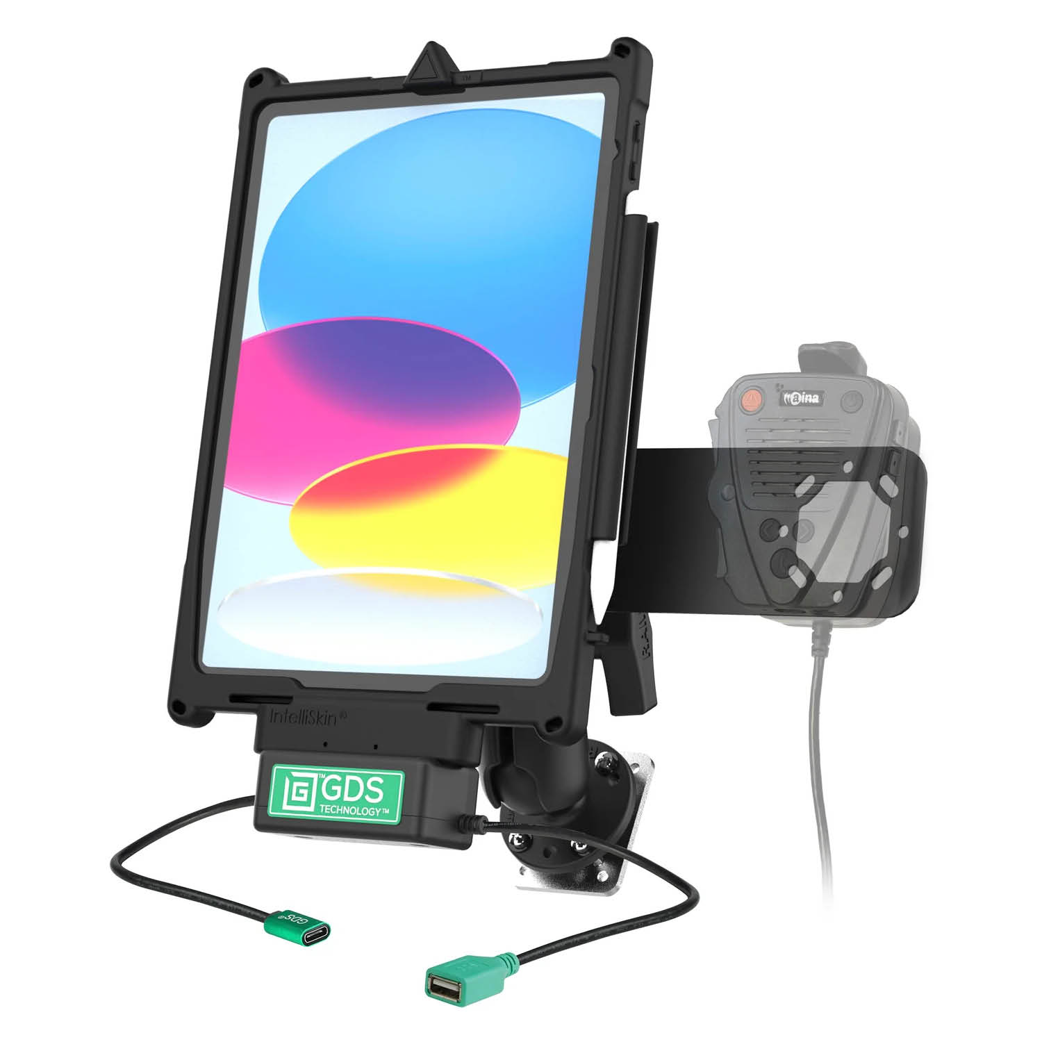 RAM Mounts GDS Uni-Conn Fahrzeug-Ladestation für Apple iPad 10./11. Gen. mit Aina PTT Vorrichtung - C-Kugel (1,5 Zoll), 4-Loch AMPS