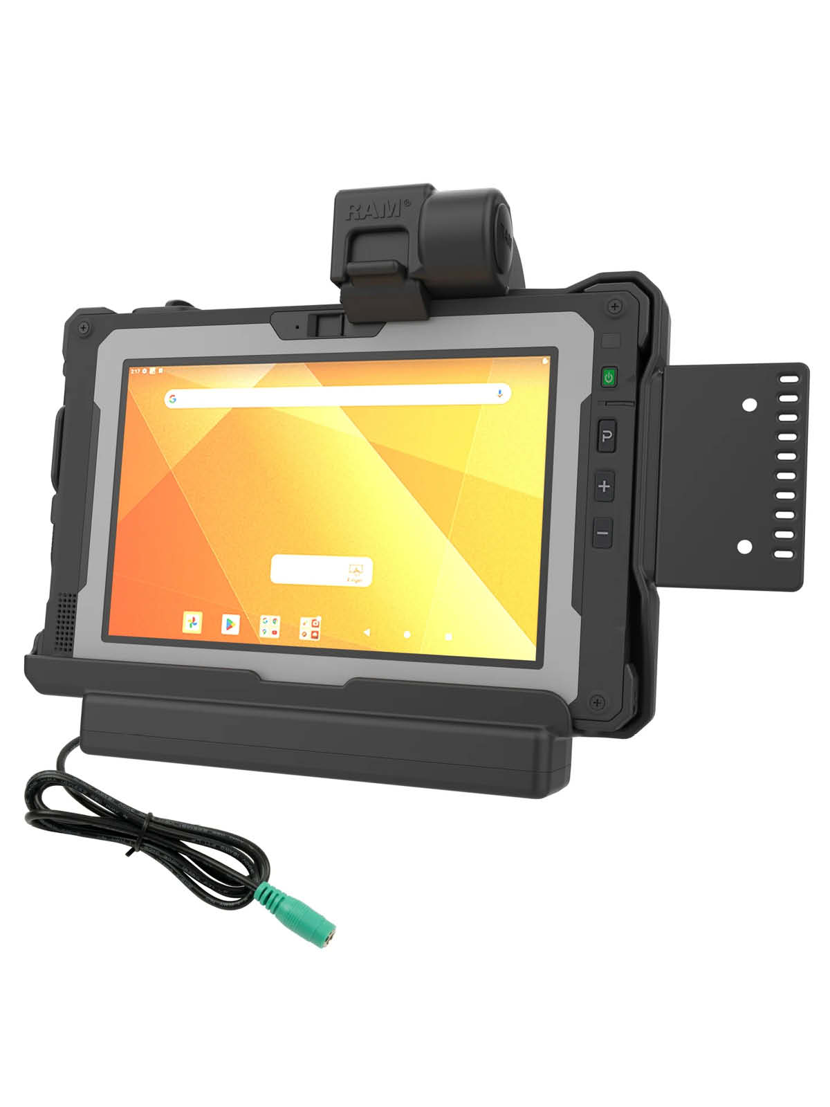 RAM Mounts Form-Fit Halteschale (mit Schnappverschluss) für Getac ZX80 Rugged Tablet - 5.5mm Stromanbindung - AMPS 4-Loch Aufnahme - VESA 75x75 - Schrauben-Set