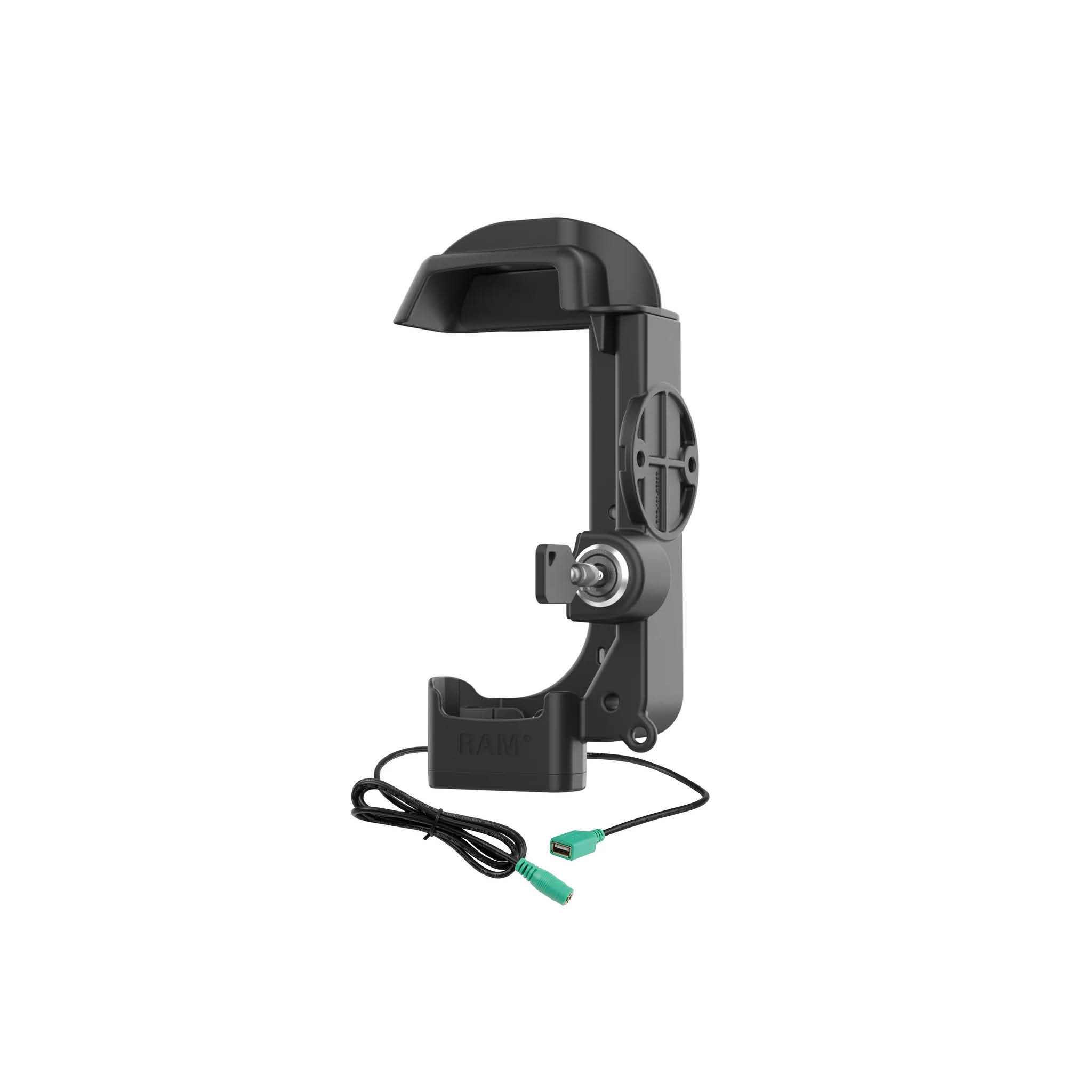 RAM Mounts Halteschale für Zebra MC3300/MC3400/MC3450 - abschließbar (Schlüssel), Stromzufuhr über 5,5 mm Klinkenbuchse, USB-A, 2-Loch AMPS