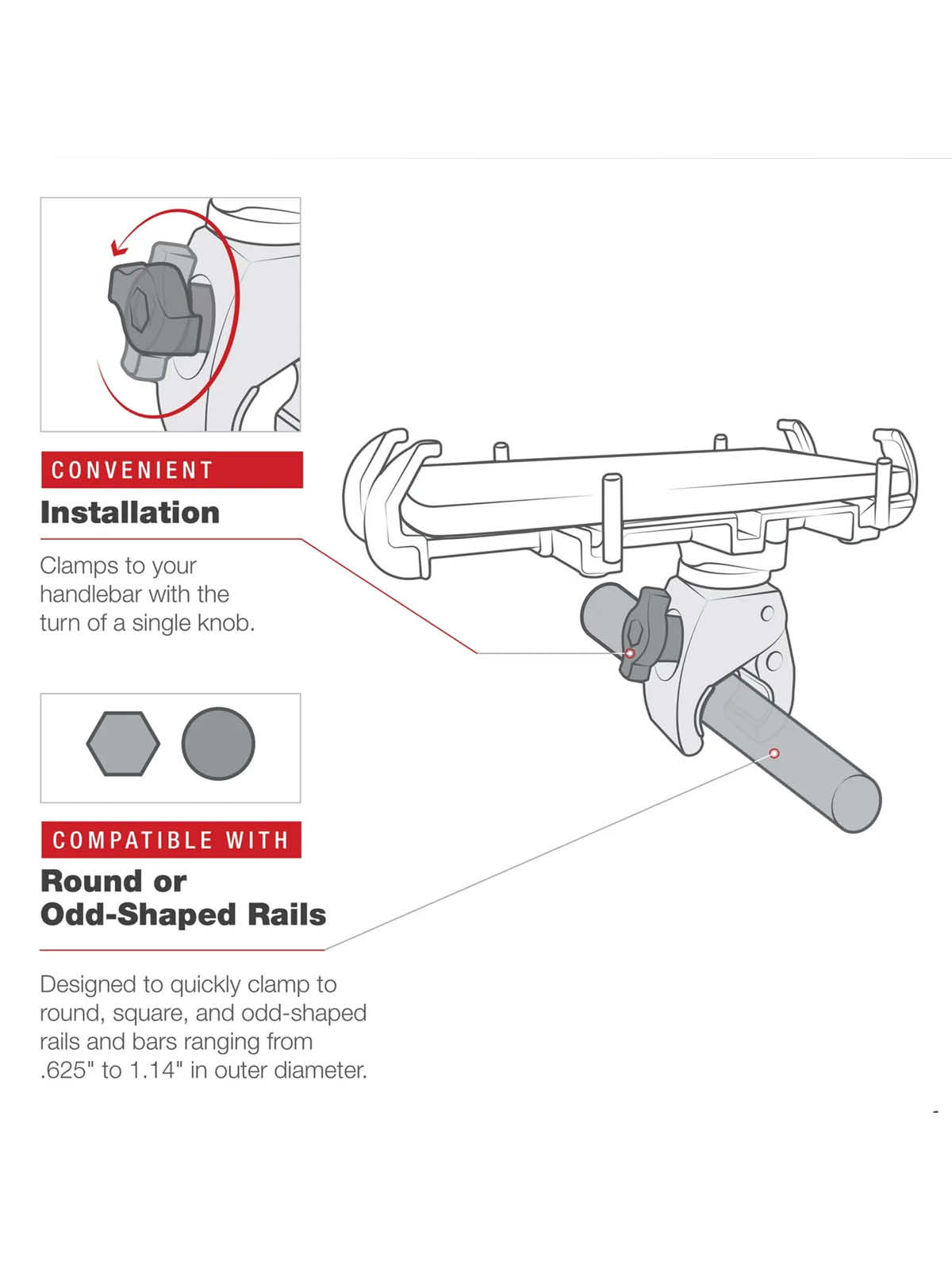 RAM Mounts Tough-Claw Halteklammer (klein) mit direkter Diamond-Anbindung - Durchmesser 15,9-29,0 mm, 2-Loch AMPS