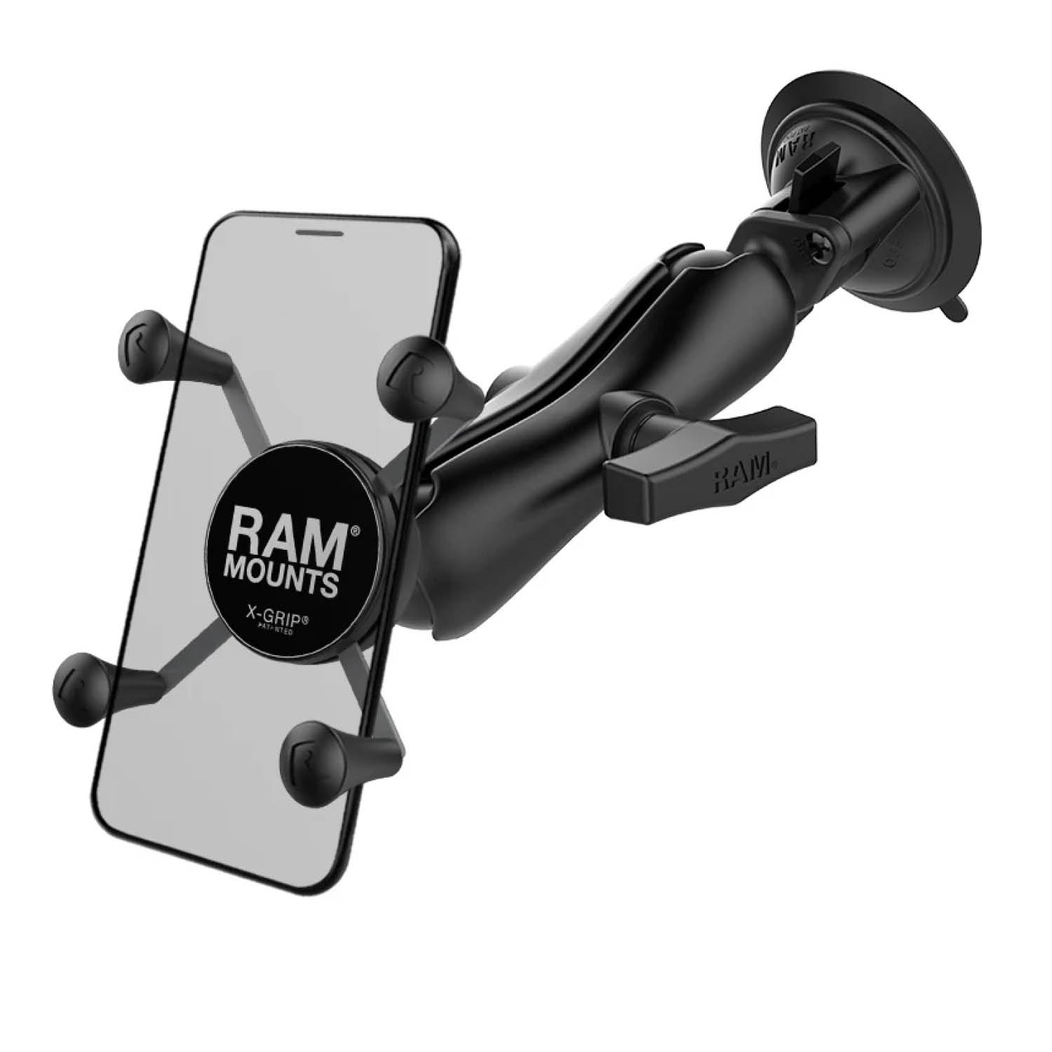 RAM Mounts X-Grip Saugfuß-Halterung für Smartphones - Bis 82,55 mm Breite - Mittlerer Verbindungsarm - Saugfuß mit Trapez-Basiskugel - C-Kugel (1,5 Zoll) - Schrauben-Set