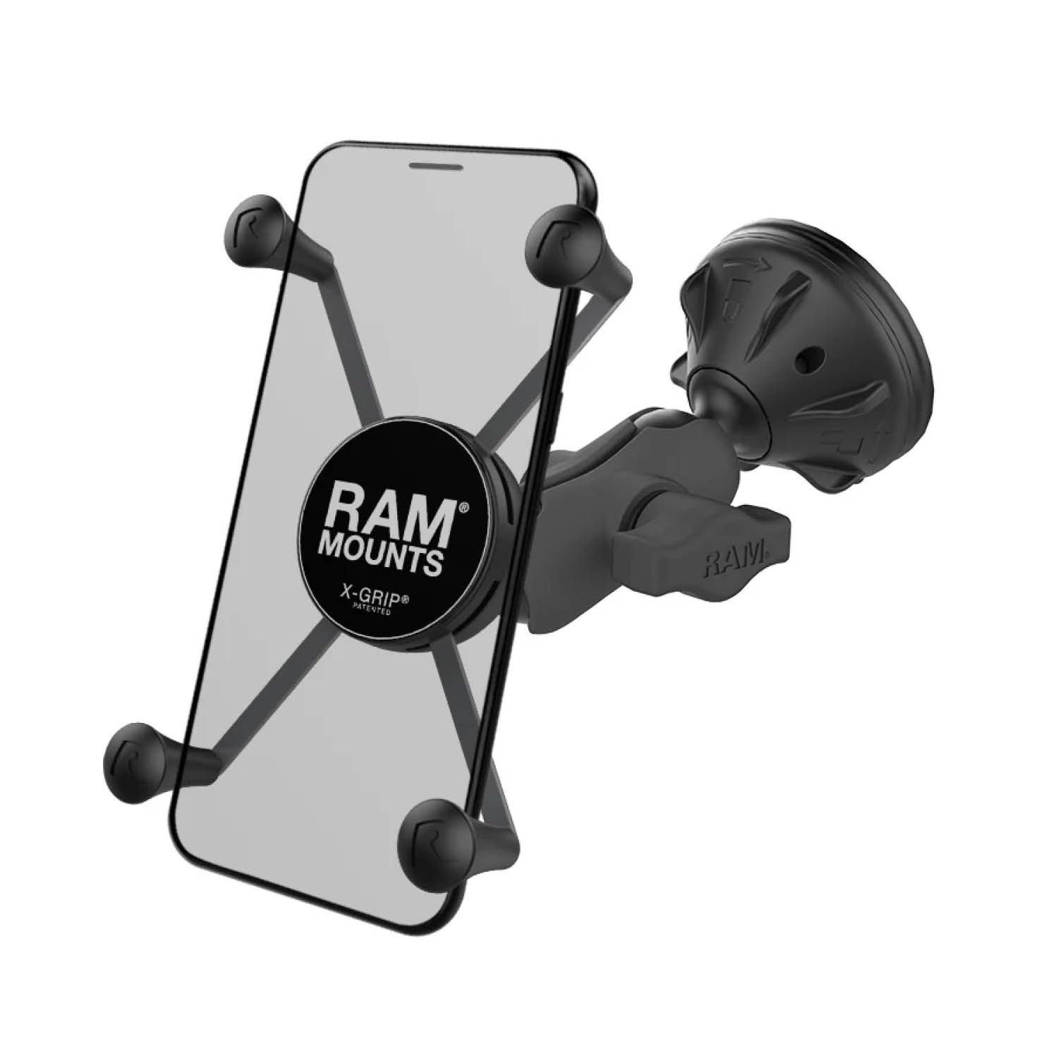 RAM Mounts X-Grip Might Buddy Saugfuß-Halterung für Smartphones (Verbundstoff) - Bis 114,3 mm Breite - Kurzer Verbindungsarm - Twist-Lock Saugfuß - B-Kugel (1 Zoll)