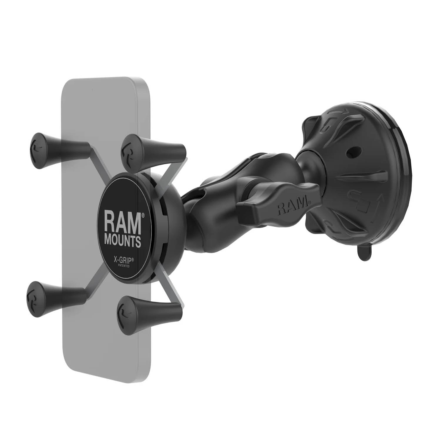 RAM Mounts X-Grip Saugfuß-Halterung für Smartphones (Verbundstoff) - Bis 82,55 mm Breite - Kurzer Verbindungsarm - Twist-Lock Saugfuß - B-Kugel (1 Zoll)