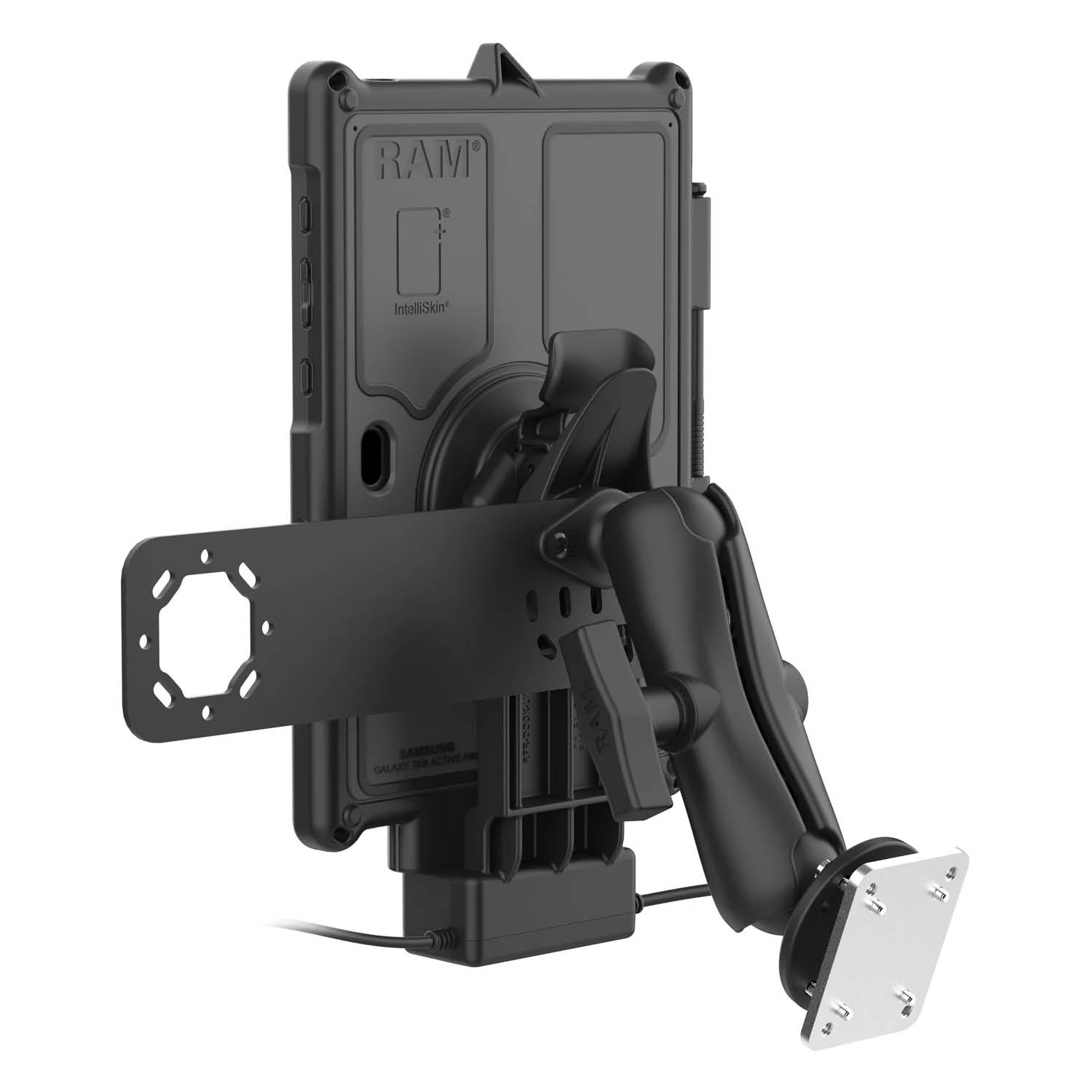 RAM Mounts GDS Uni-Conn Fahrzeug-Ladestation für Samsung Tab Active4 Pro mit Aina PTT Vorrichtung - C-Kugel (1,5 Zoll), 4-Loch AMPS