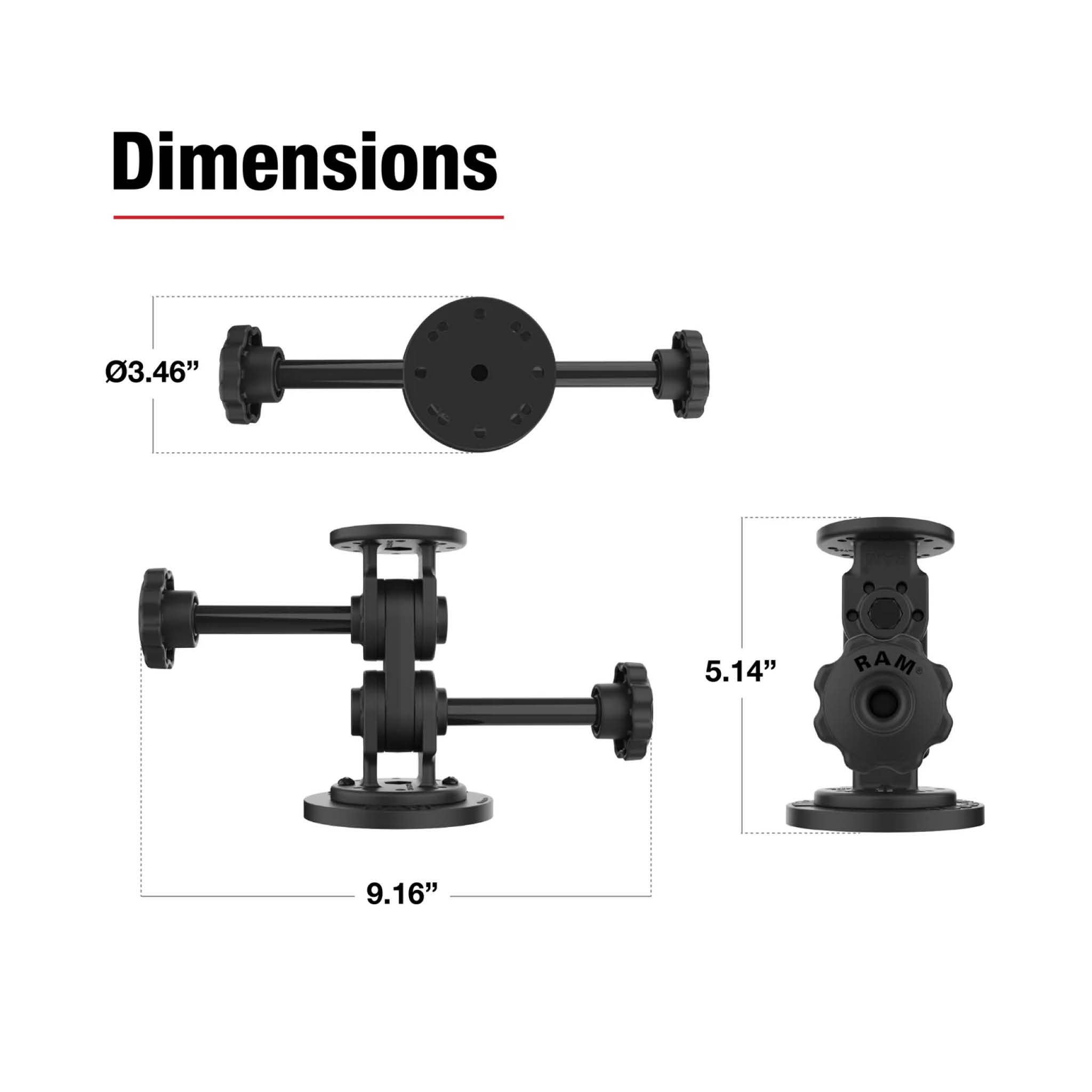 RAM Mounts Doppel-Drehgelenk-Halterung (gerade) mit Magnet-Basis (88 mm Durchmesser) und Arretier-Adaptern - 2-/4-Loch AMPS