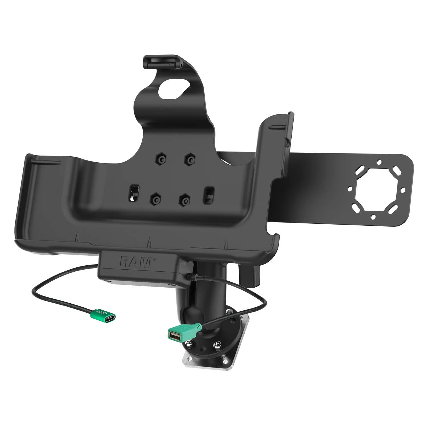 RAM Mounts Fahrzeug-Ladestation für Samsung Tab Active4 Pro mit Aina PTT Vorrichtung - C-Kugel (1,5 Zoll), 4-Loch AMPS