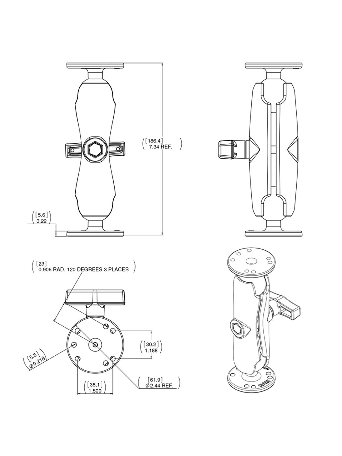 RAM Mounts Aufbau-Set - 2x runde Basisplatte (AMPS), mittlerer Verbindungsarm, C-Kugel (1,5 Zoll), im Polybeutel