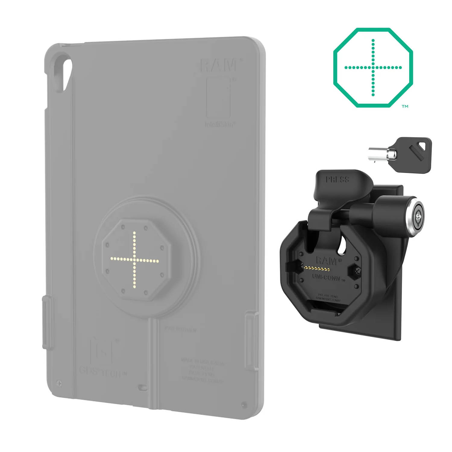 RAM Mounts GDS Uni-Conn Snap-In Wand-Ladestation mit PoE - Abschließbar - Rückseitige Pogo-Pads - JST-Stecker