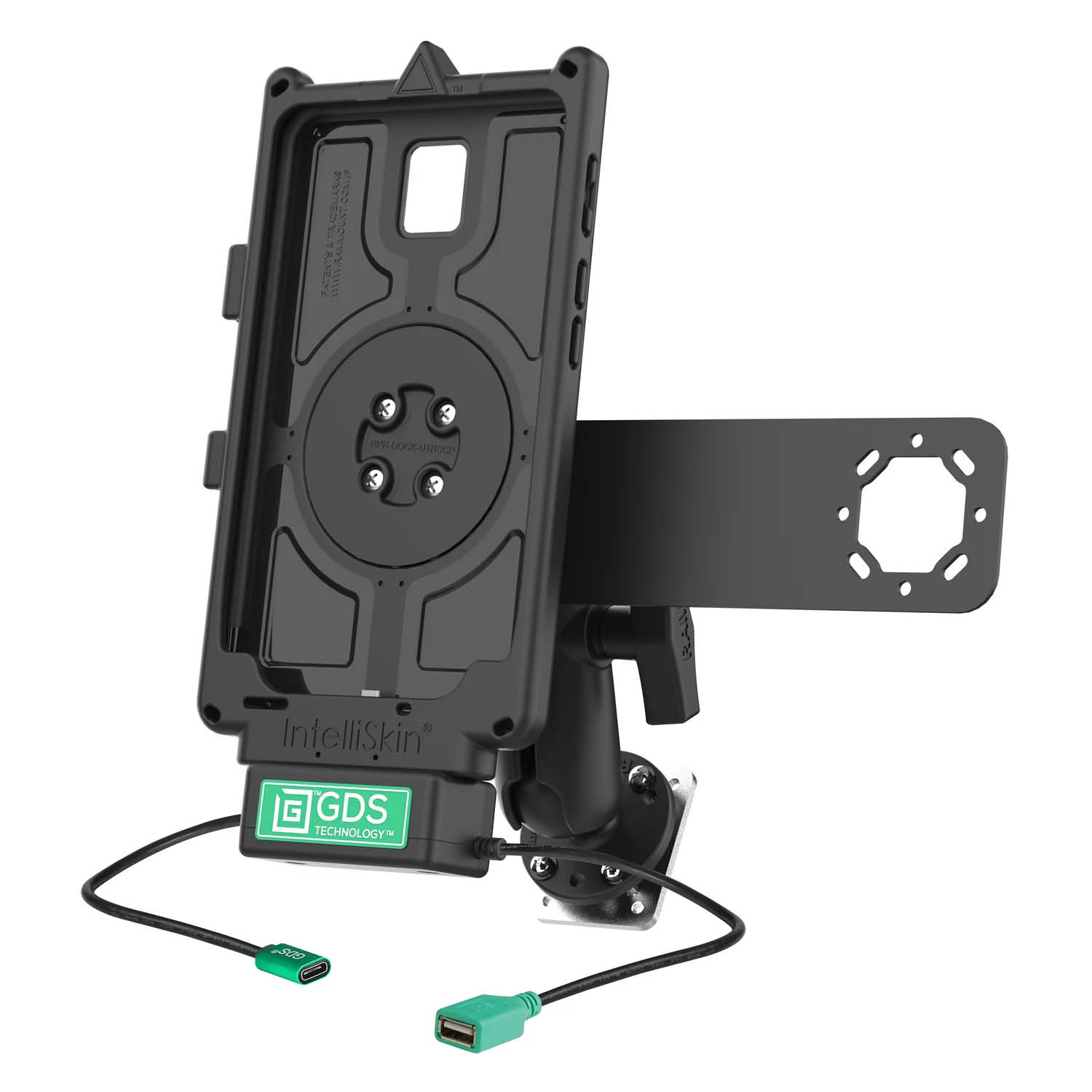 RAM Mounts GDS Uni-Conn Fahrzeug-Ladestation für Samsung Tab Active5 mit Aina PTT Vorrichtung - C-Kugel (1,5 Zoll), 4-Loch AMPS