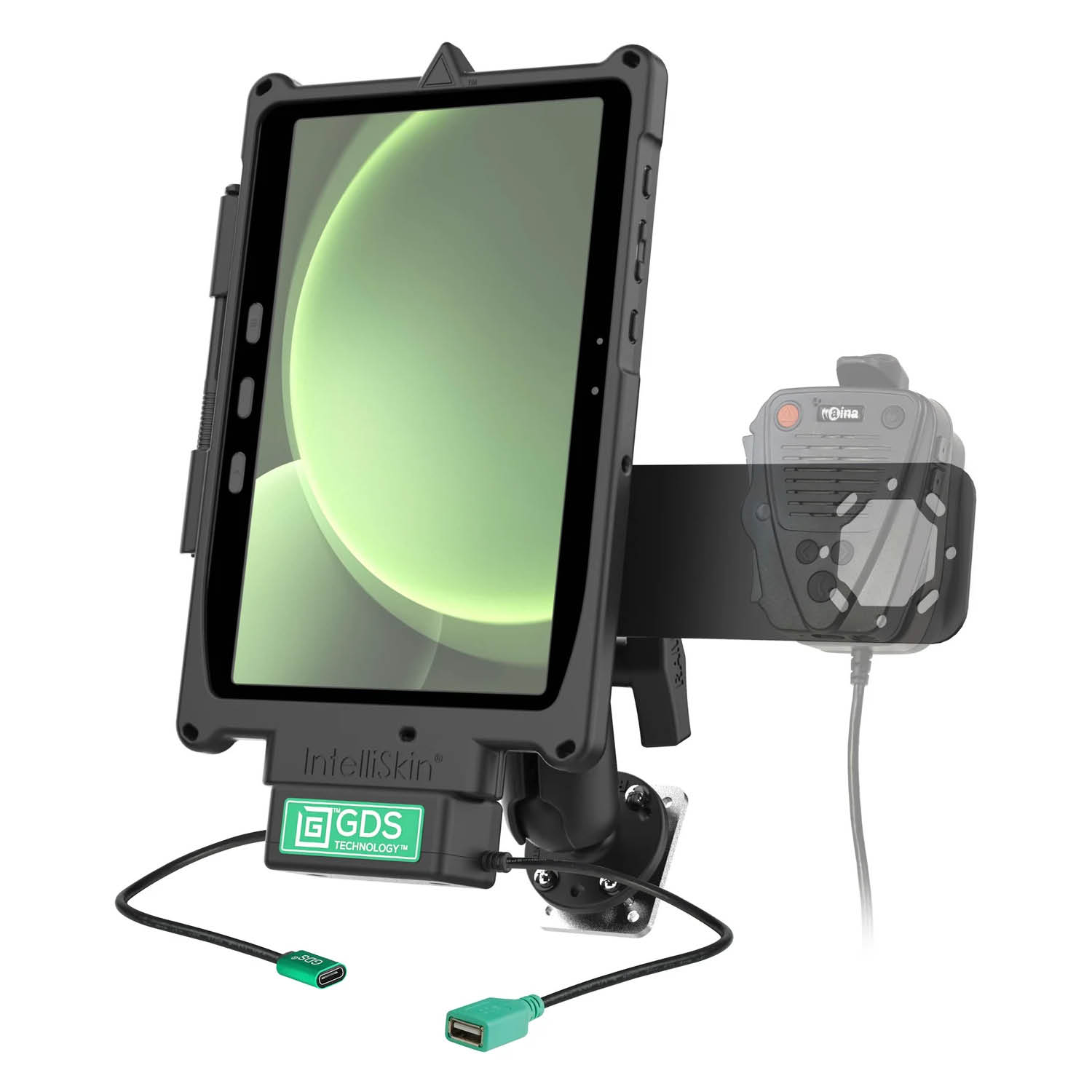 RAM Mounts GDS Uni-Conn Fahrzeug-Ladestation für Samsung Tab Active4 Pro mit Aina PTT Vorrichtung - C-Kugel (1,5 Zoll), 4-Loch AMPS