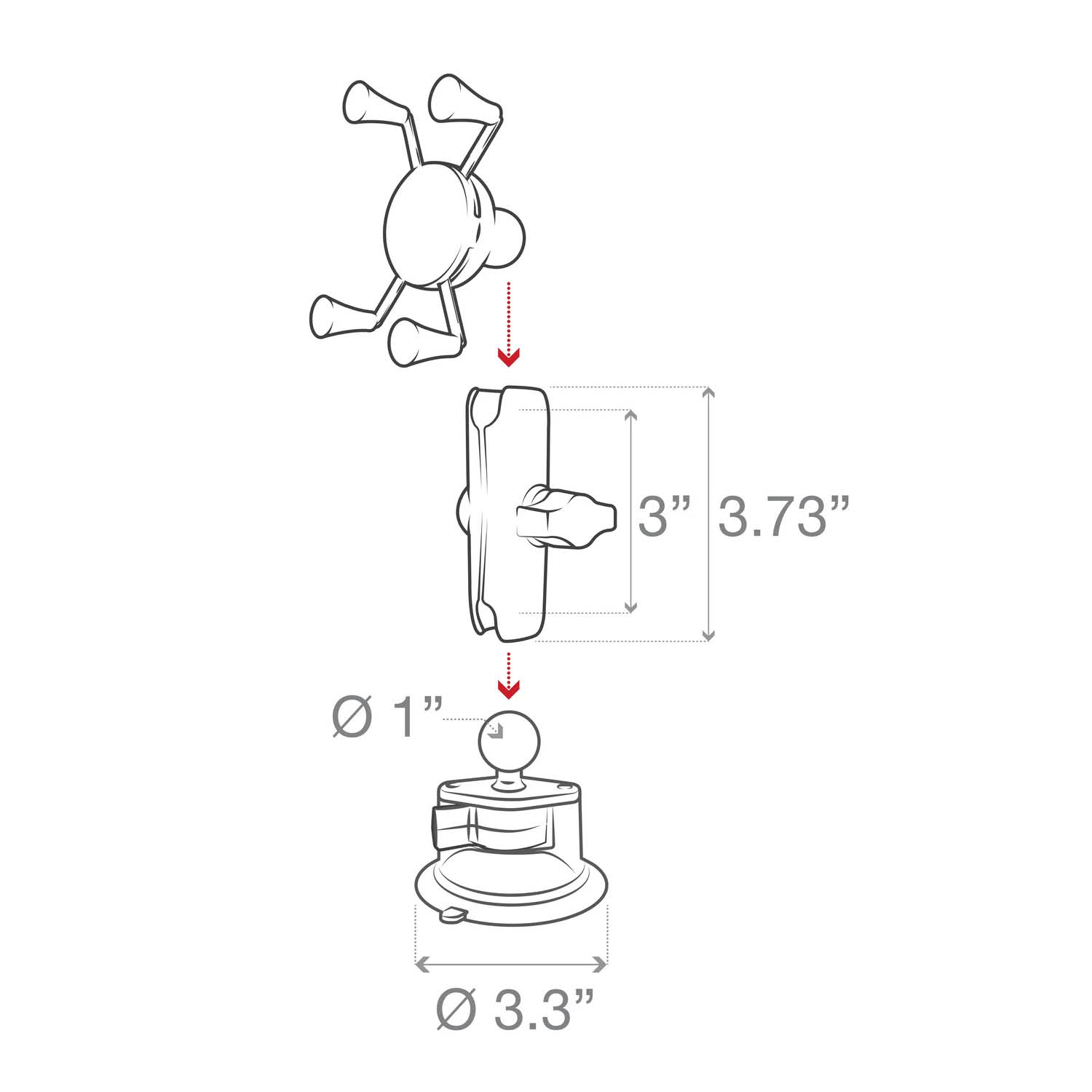 RAM Mounts X-Grip Saugfuß-Halterung für Smartphones - Bis 82,55 mm Breite - Mittlerer Verbindungsarm - Saugfuß mit Trapez-Basiskugel - B-Kugel (1 Zoll) - Schrauben-Set