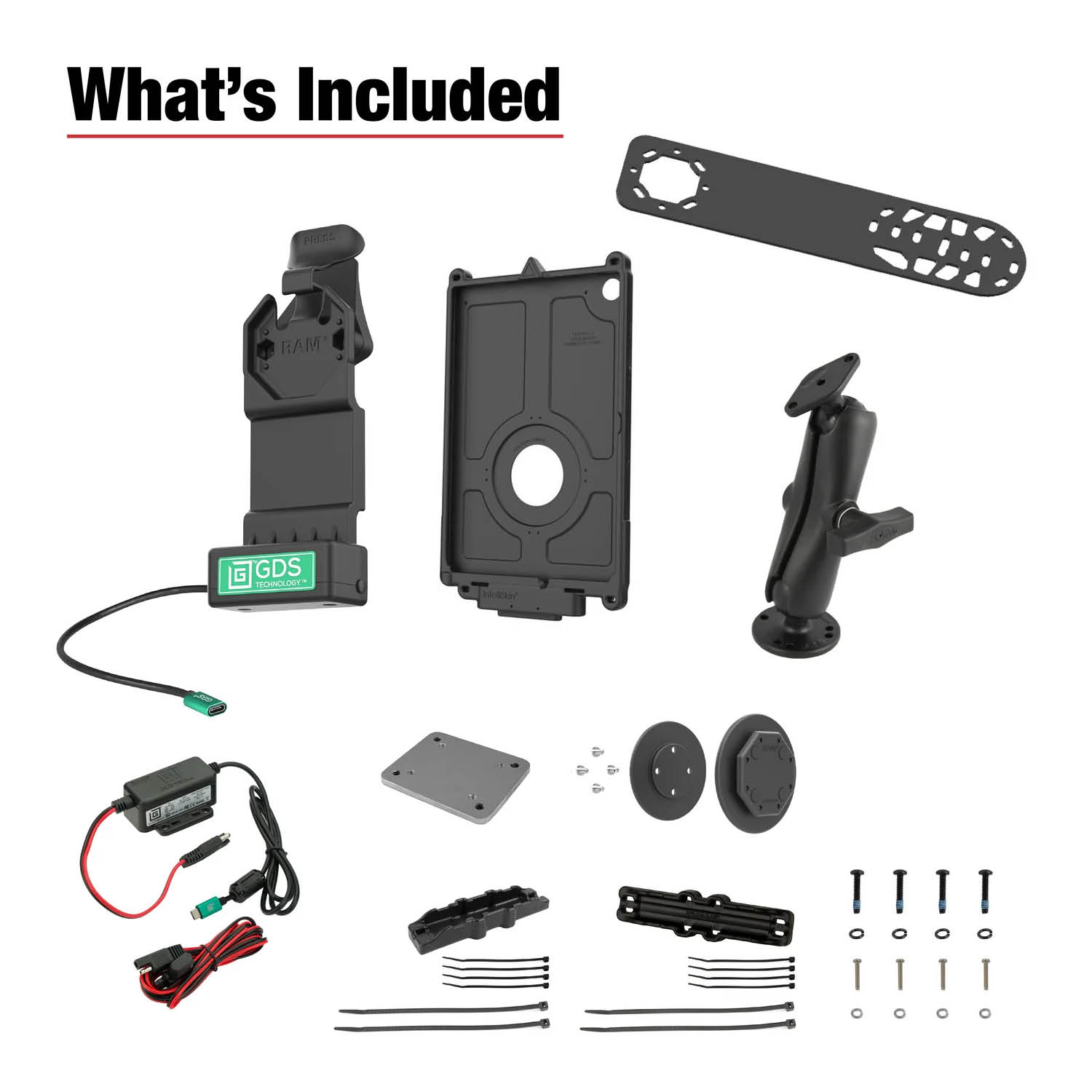 RAM Mounts GDS Uni-Conn Fahrzeug-Ladestation für Samsung Tab A9+ mit Aina PTT Vorrichtung - C-Kugel (1,5 Zoll), 4-Loch AMPS