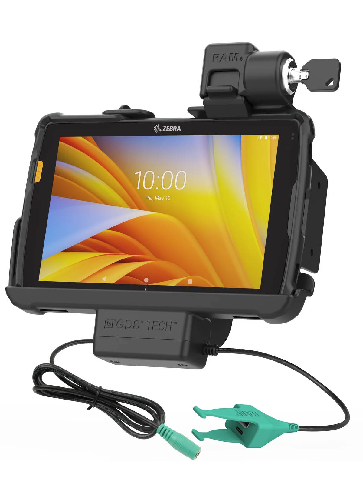 RAM Mounts Form-Fit Halteschale (Schlüsselverriegelung) für Zebra ET40 & ET45 (8“) Tablets - In Rugged Boot - 5.5mm DC & USB-A/USB-C-Anschluss