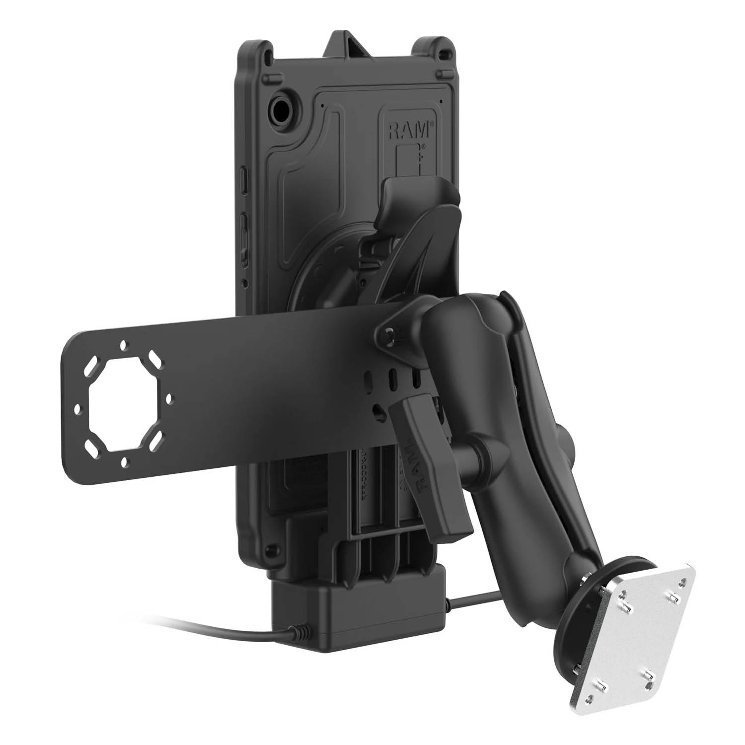 RAM Mounts GDS Uni-Conn Fahrzeug-Ladestation für Samsung Tab A9 mit Aina PTT Vorrichtung - C-Kugel (1,5 Zoll), 4-Loch AMPS