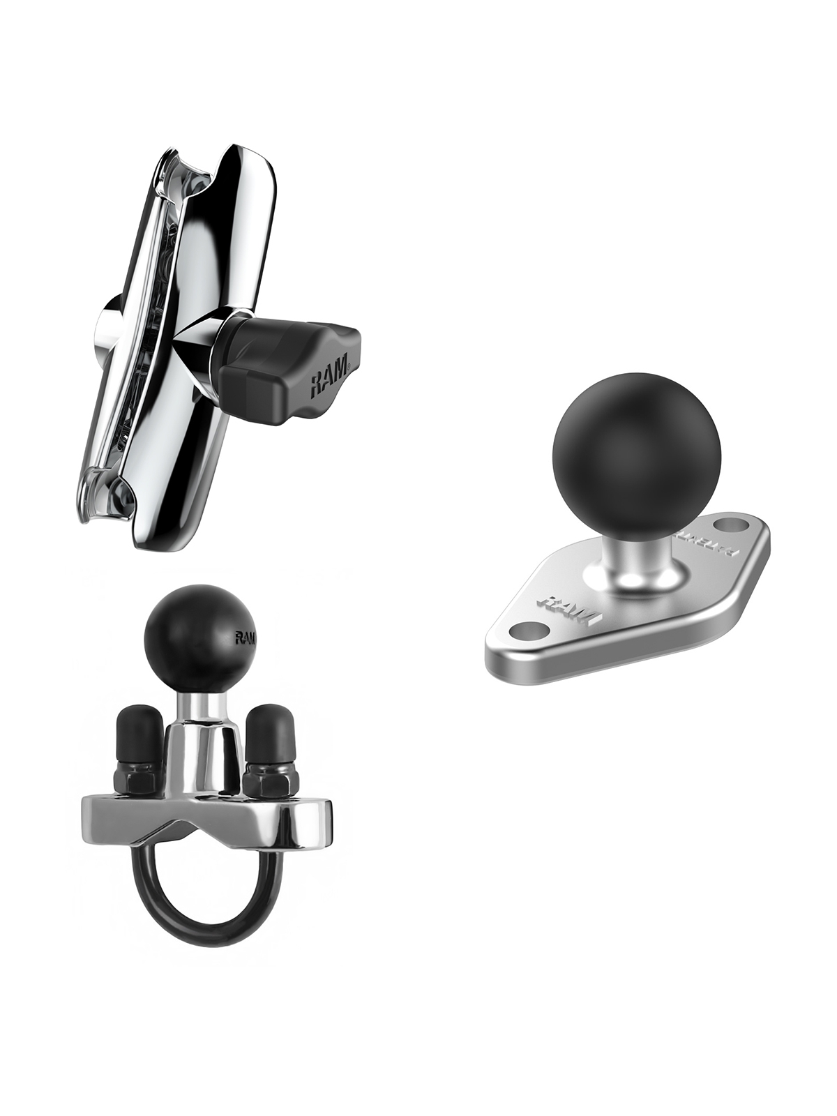 RAM Mounts Chrom-Set - Klemmschelle, mittlerer Verbindungsarm, Diamond-Basisplatte (Trapez), B-Kugel (1 Zoll)