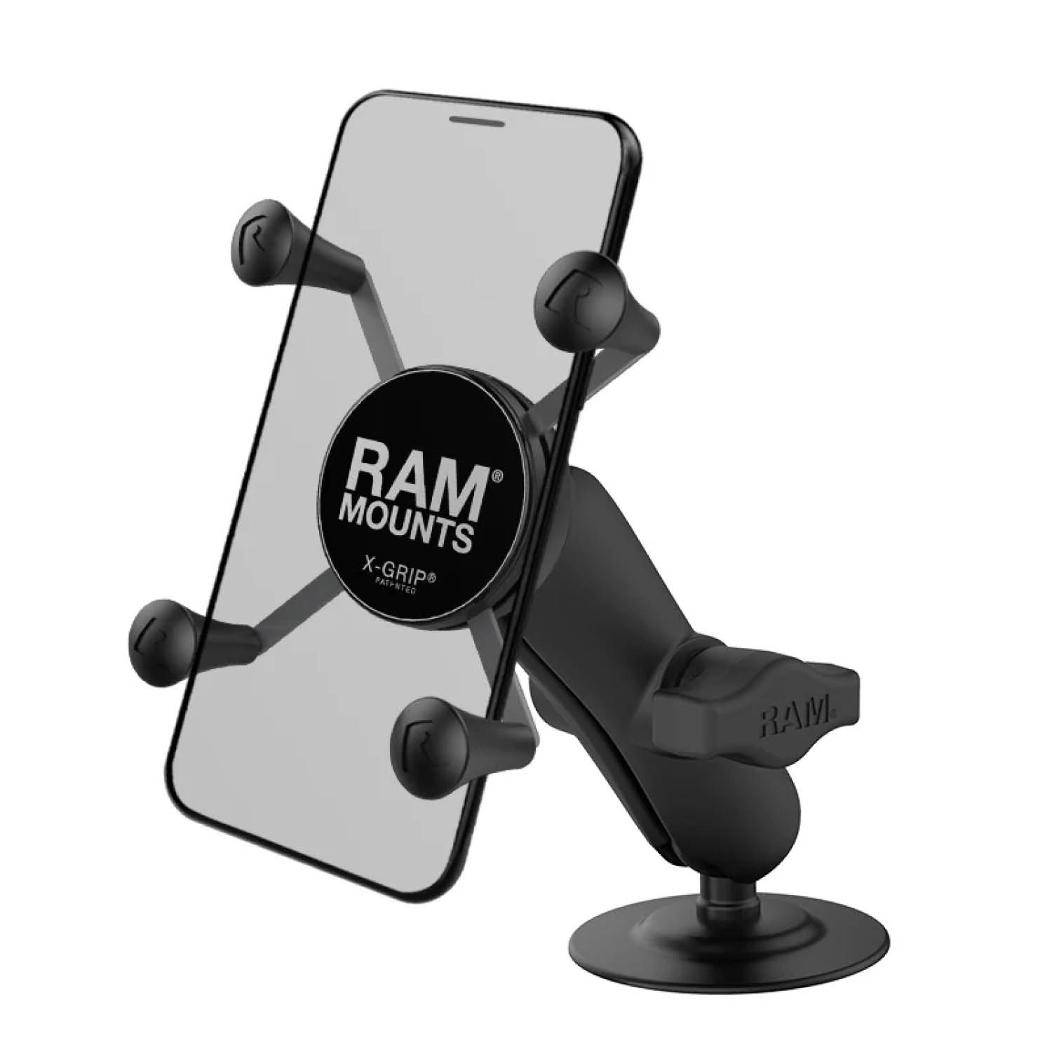 RAM Mounts X-Grip Aufbau-Klebehalterung für Smartphones (Verbundstoff) - Bis 82,55 mm Breite - Mittlerer Verbindungsarm - Runde Klebebasis - B-Kugel (1 Zoll)