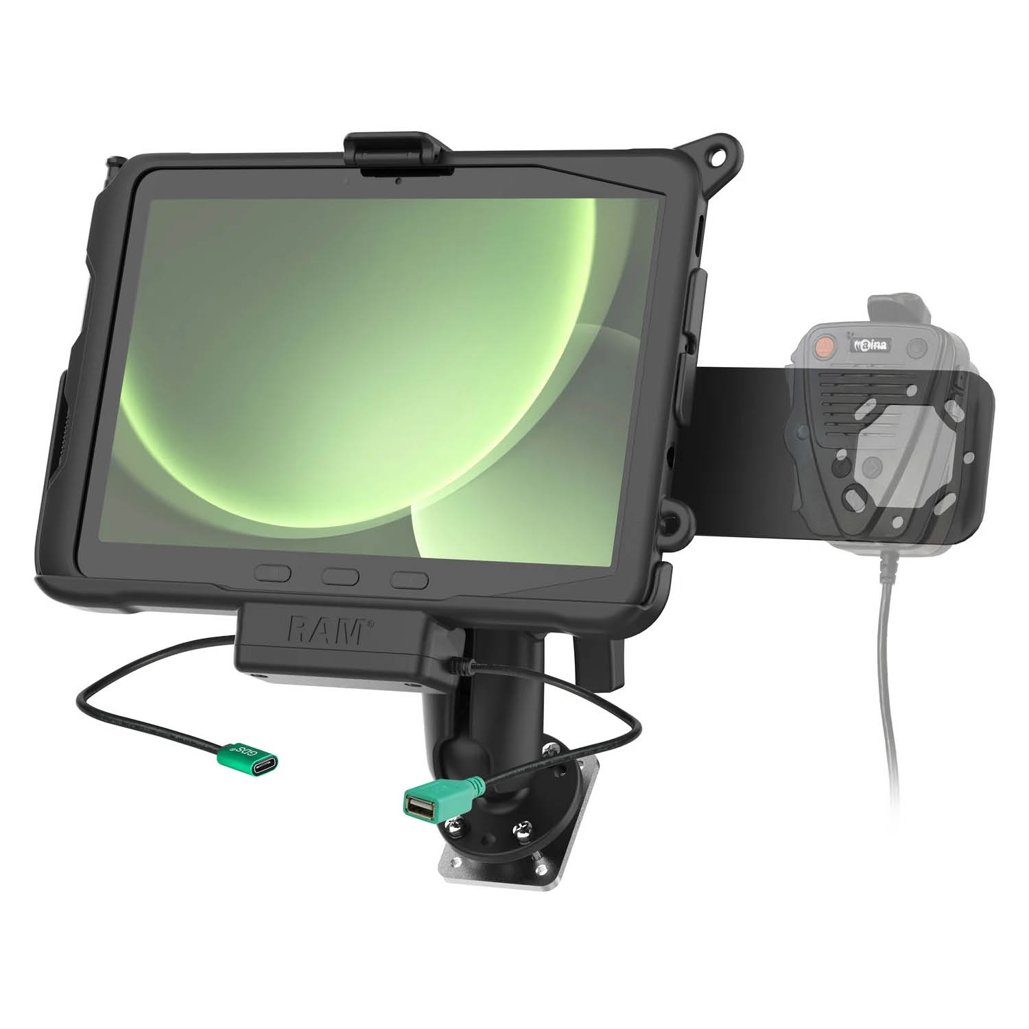 RAM Mounts Fahrzeug-Ladestation für Samsung Tab Active4 Pro mit Aina PTT Vorrichtung - C-Kugel (1,5 Zoll), 4-Loch AMPS