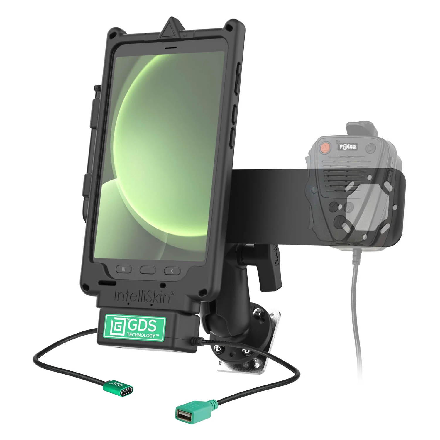 RAM Mounts GDS Uni-Conn Fahrzeug-Ladestation für Samsung Tab Active5 mit Aina PTT Vorrichtung - C-Kugel (1,5 Zoll), 4-Loch AMPS