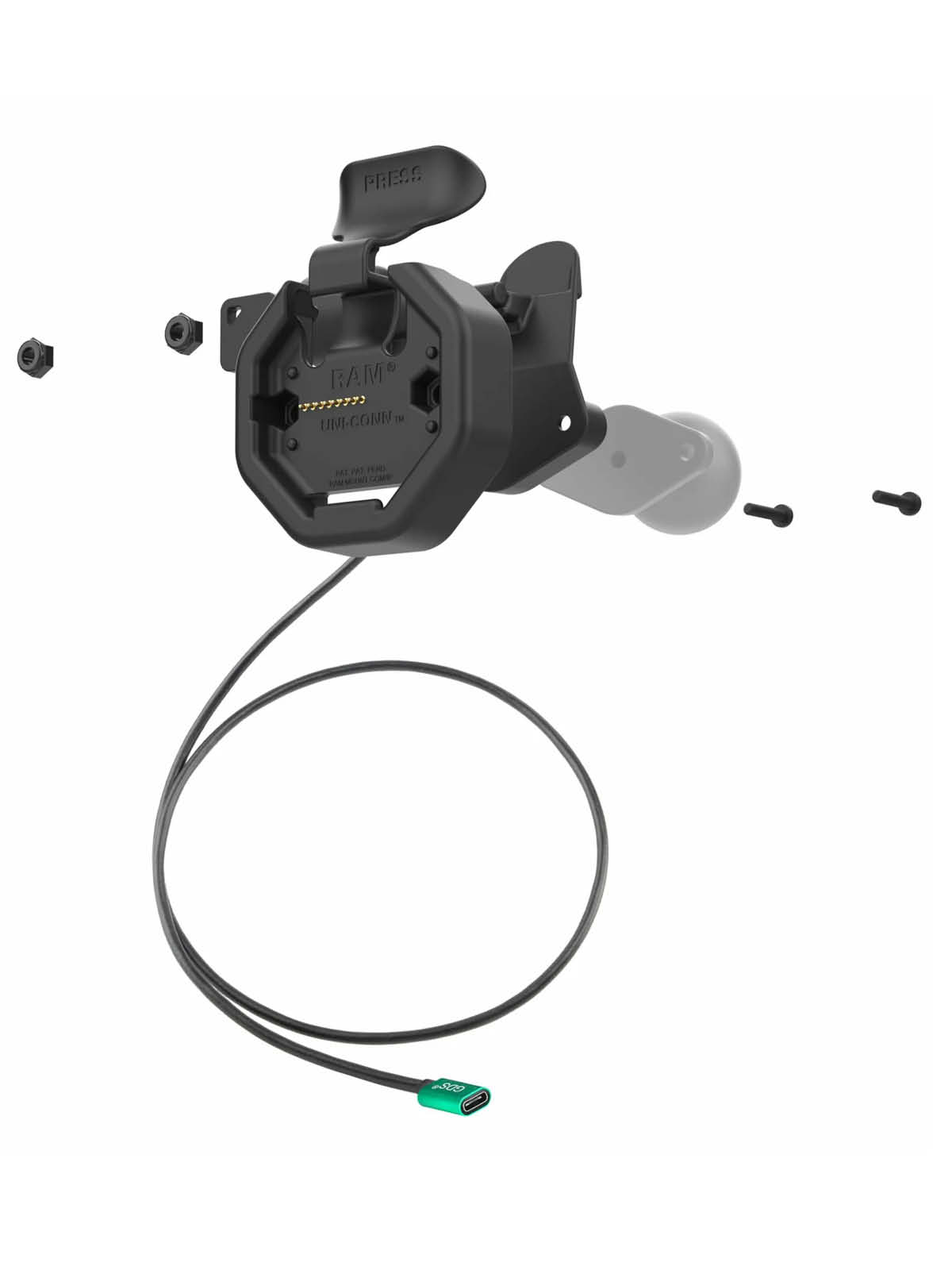 RAM Mounts GDS Uni-Conn Snap-In Ladesockel mit Schlüsselverriegelung (Links) - 2-Lochmuster AMPS - USB-C-Anschluss - Schrauben-Set