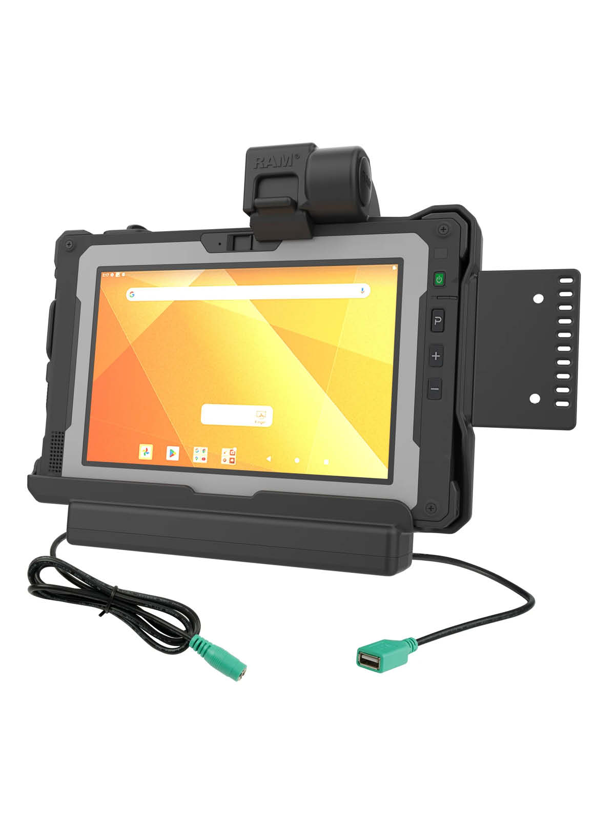 RAM Mounts Form-Fit Halteschale (mit Schnappverschluss) für Getac ZX80 Rugged Tablet - 5.5mm DC Stromanbindung & USB-A Datenanbindung - AMPS 4-Loch Aufnahme - VESA 75x75 - Schrauben-Set