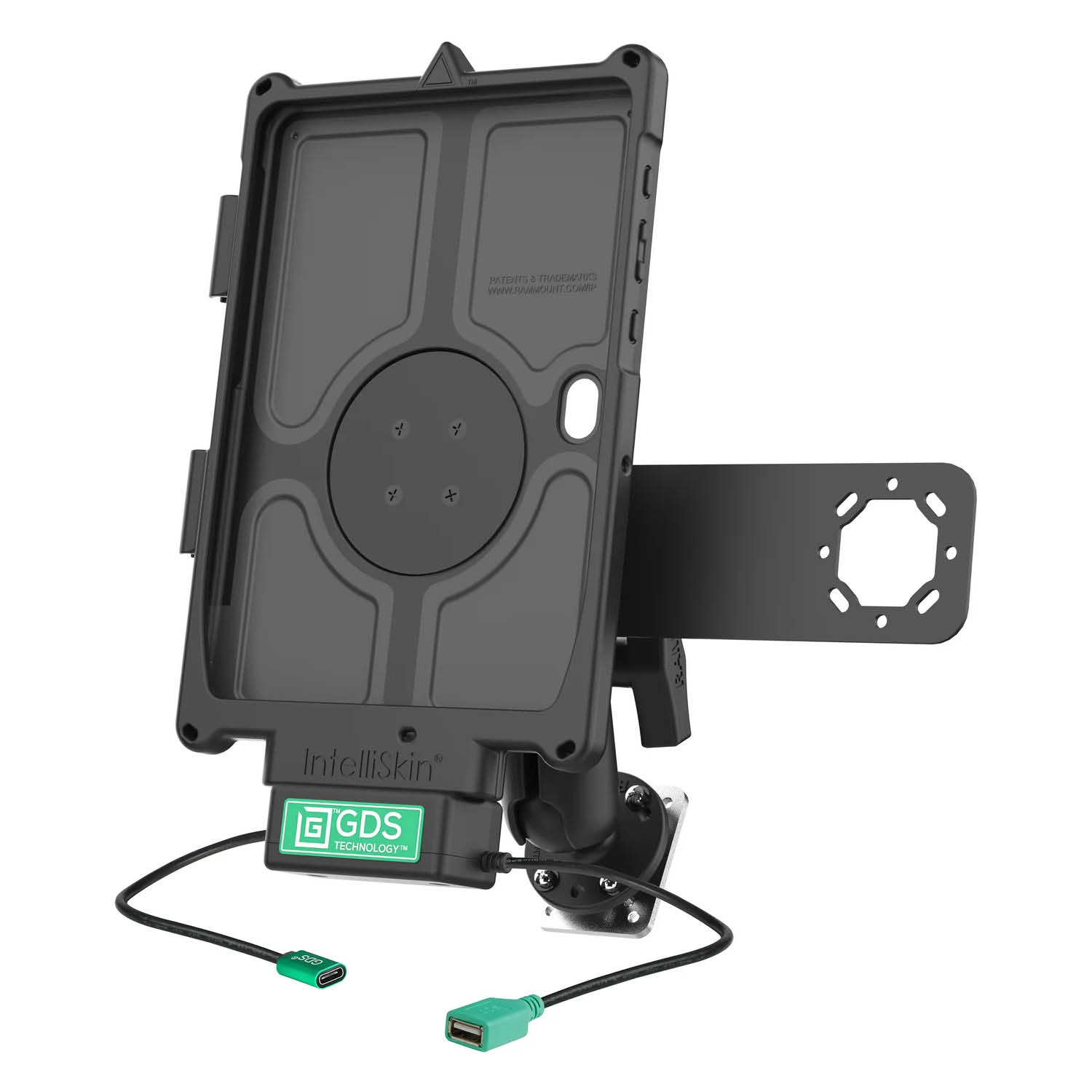 RAM Mounts GDS Uni-Conn Fahrzeug-Ladestation für Samsung Tab Active4 Pro mit Aina PTT Vorrichtung - C-Kugel (1,5 Zoll), 4-Loch AMPS