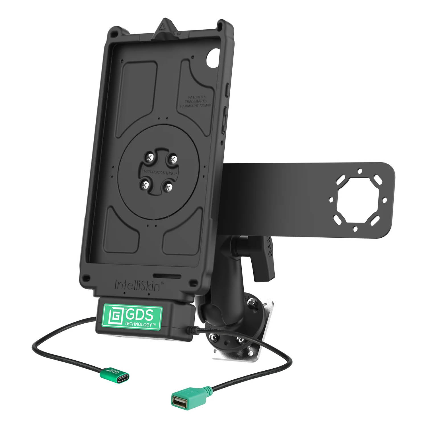 RAM Mounts GDS Uni-Conn Fahrzeug-Ladestation für Samsung Tab A9 mit Aina PTT Vorrichtung - C-Kugel (1,5 Zoll), 4-Loch AMPS