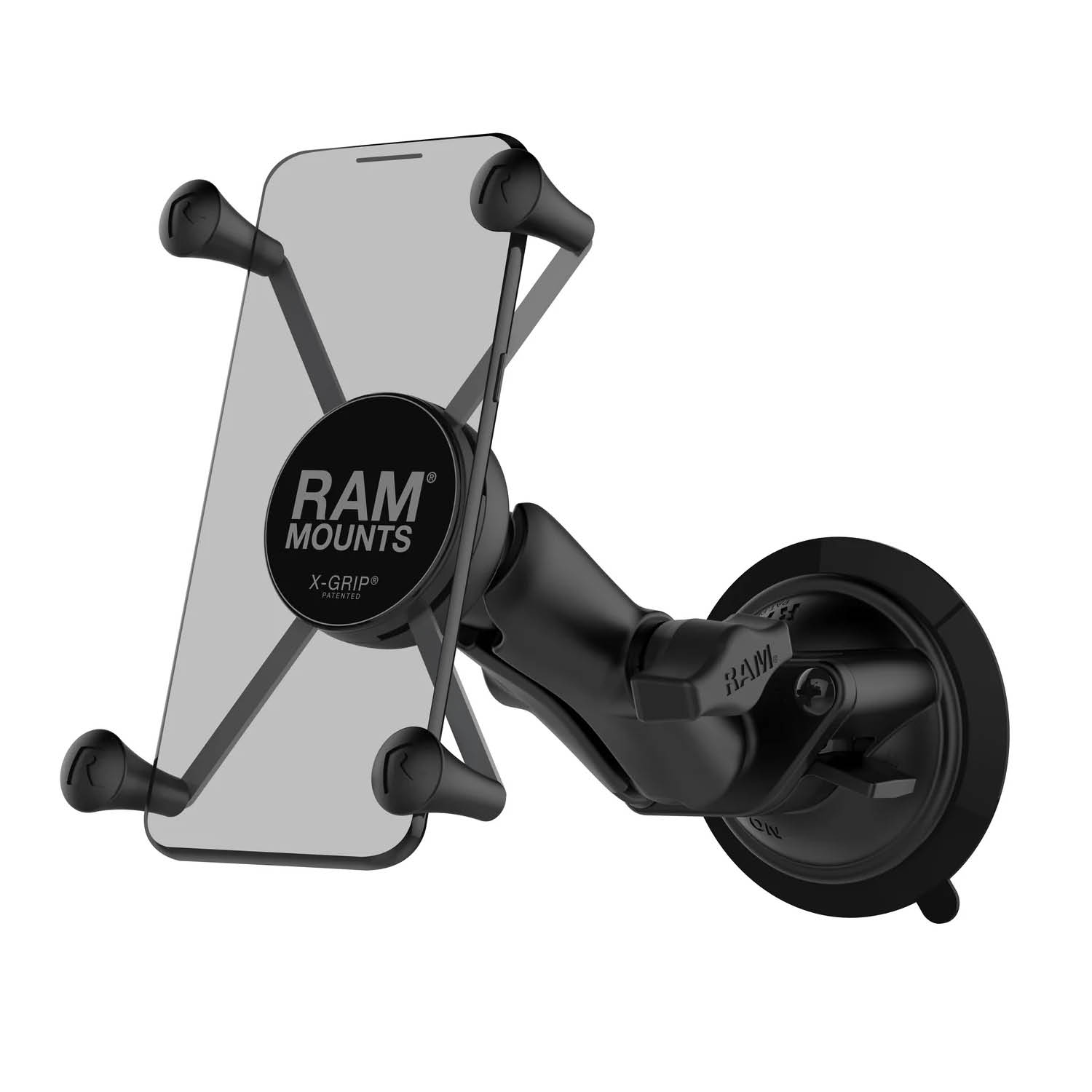 RAM Mounts X-Grip Saugfuß-Halterung für Smartphones - Bis 114,3 mm Breite - Mittlerer Verbindungsarm - Saugfuß mit Trapez-Basiskugel - B-Kugel (1 Zoll) - Schrauben-Set