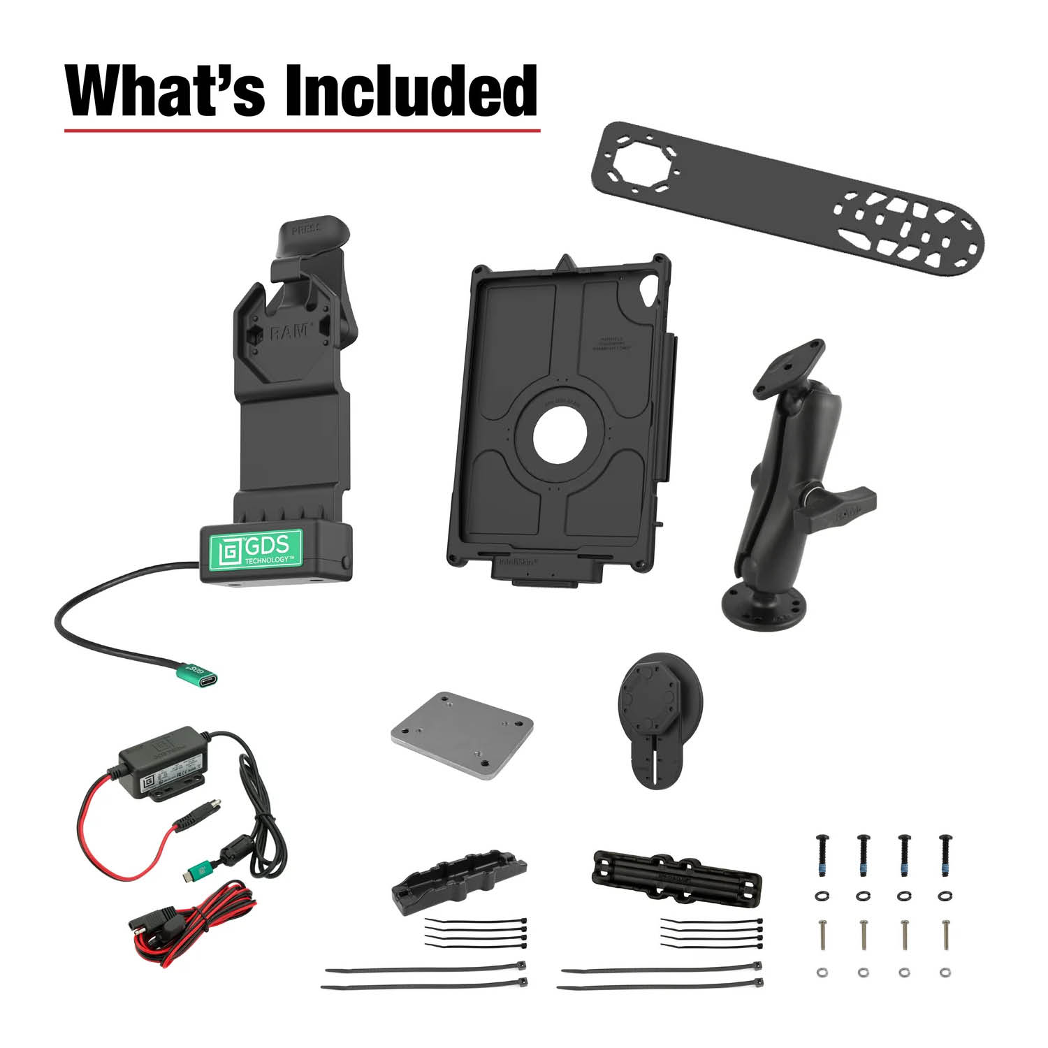 RAM Mounts GDS Uni-Conn Fahrzeug-Ladestation für Apple iPad 10./11. Gen. mit Aina PTT Vorrichtung - C-Kugel (1,5 Zoll), 4-Loch AMPS