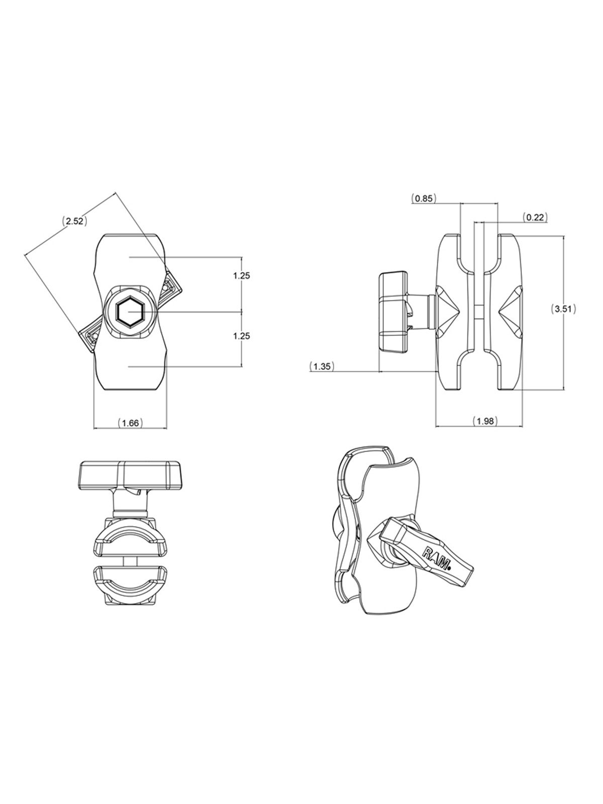 RAM Mounts Verbindungsarm kurz - C-Kugel (1,5 Zoll), ca. 90 mm