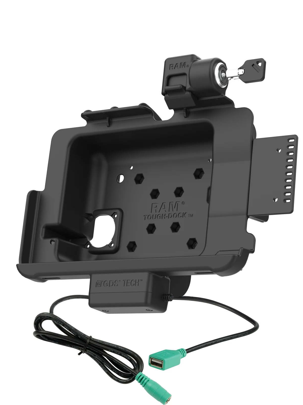 RAM Mounts Form-Fit Halteschale (mit Schlüsselverriegelung) für Zebra ET40 & ET45 10 Zoll Tablets (mit Rugged Boot) - 5.5mm DC Stromversorgung & USB-A Datenanbindung - AMPS 4-Loch Aufnahme - VESA 75x75 - Schrauben-Set