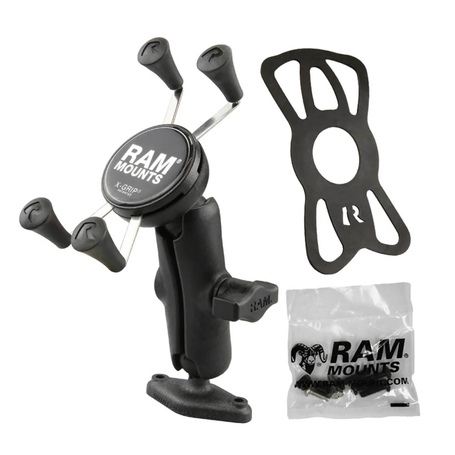 RAM Mounts X-Grip Aufbauhalterung für Smartphones (Verbundstoff) - Bis 82,55 mm Breite - Mittlerer Verbindungsarm - Diamond-Basisplatte (Trapez) - B-Kugel (1 Zoll) - Schrauben-Set