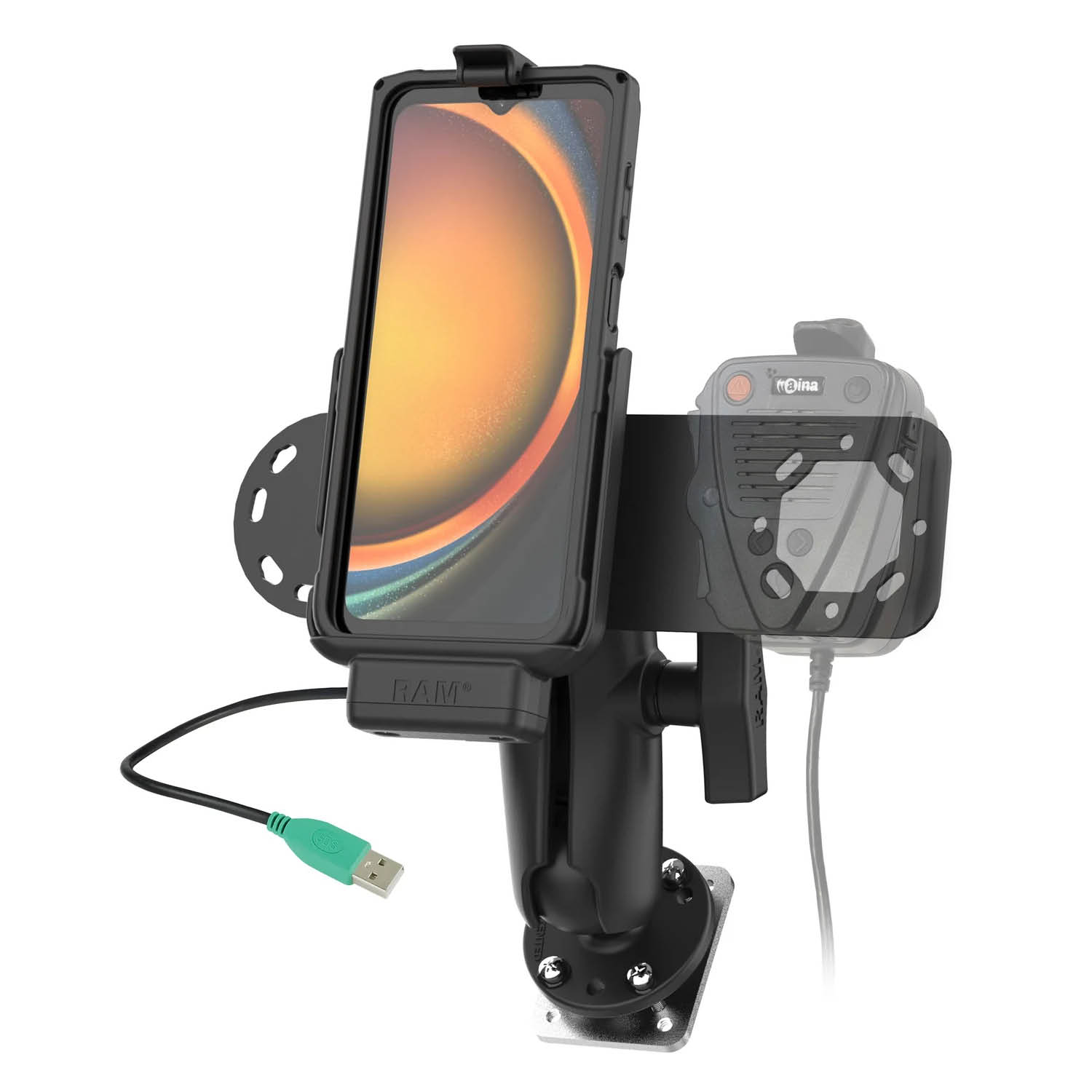 RAM Mounts Fahrzeug-Ladestation für Samsung XCover7 Pro & 6 Pro mit Aina PTT Vorrichtung - C-Kugel (1,5 Zoll), 4-Loch AMPS